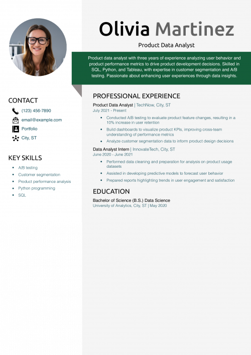 Product Data Analyst Resume Example