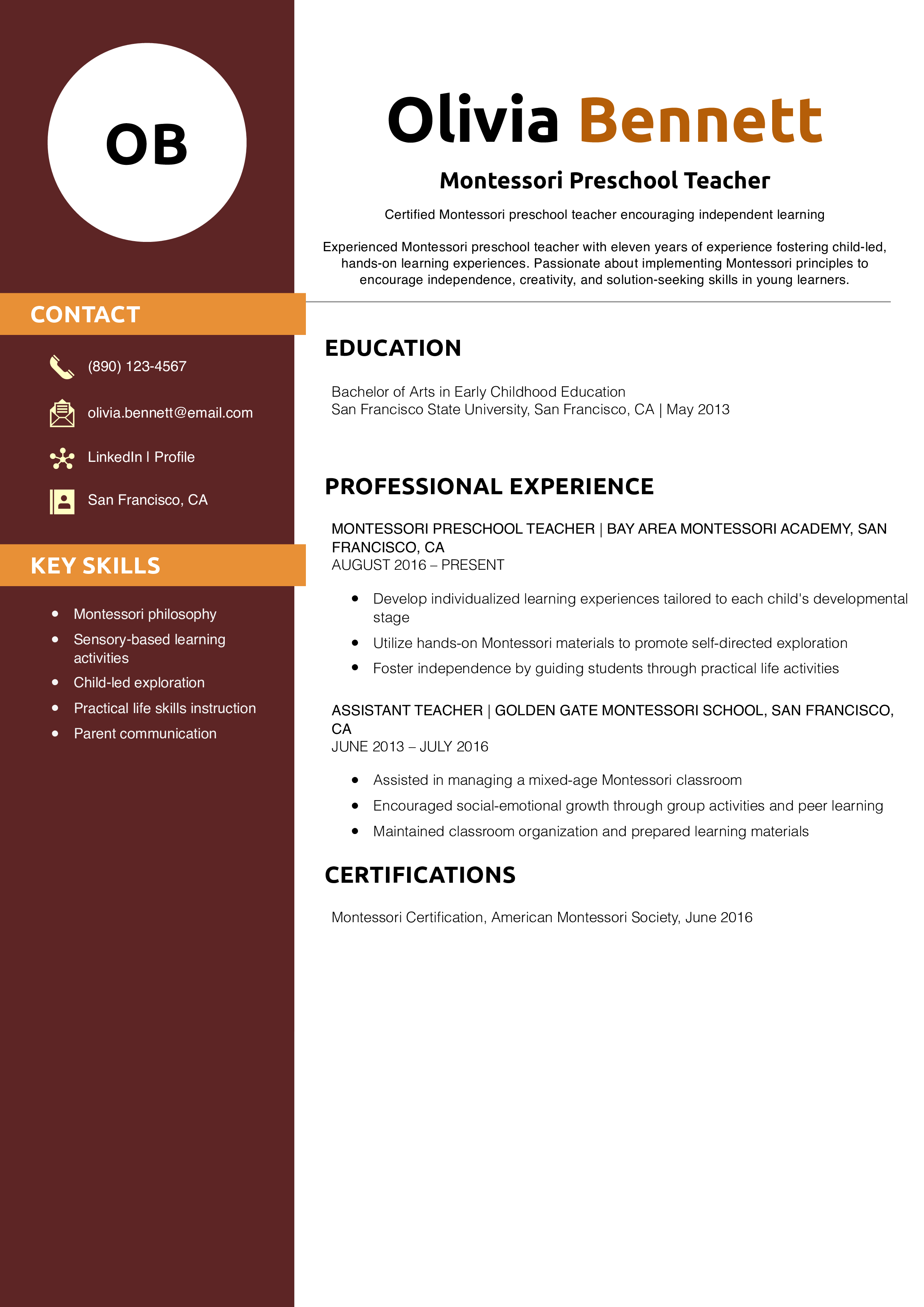 Montessori Preschool Teacher Resume