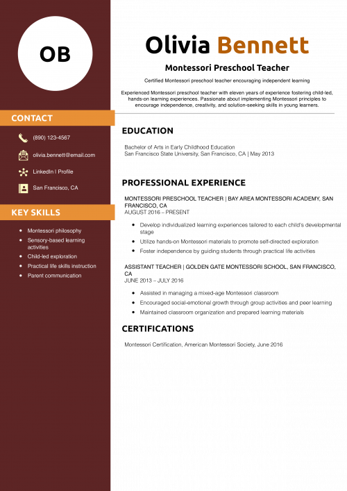Montessori Preschool Teacher Resume