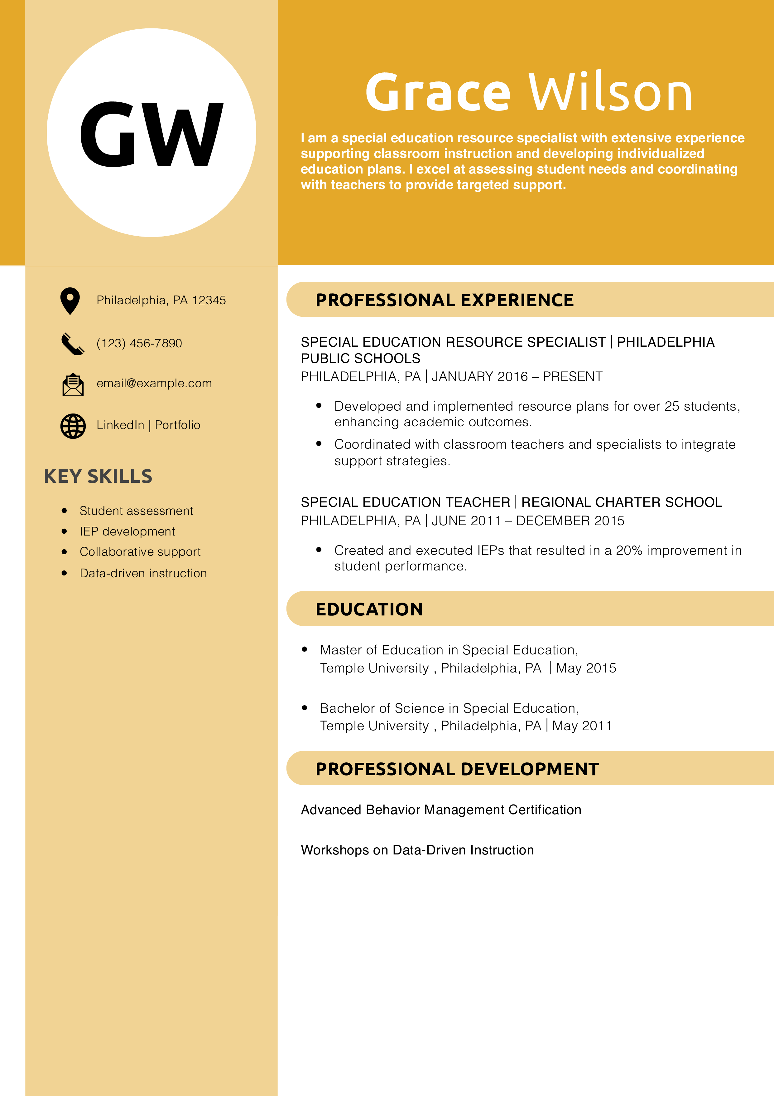 Special Education Resource Specialist Resume Example