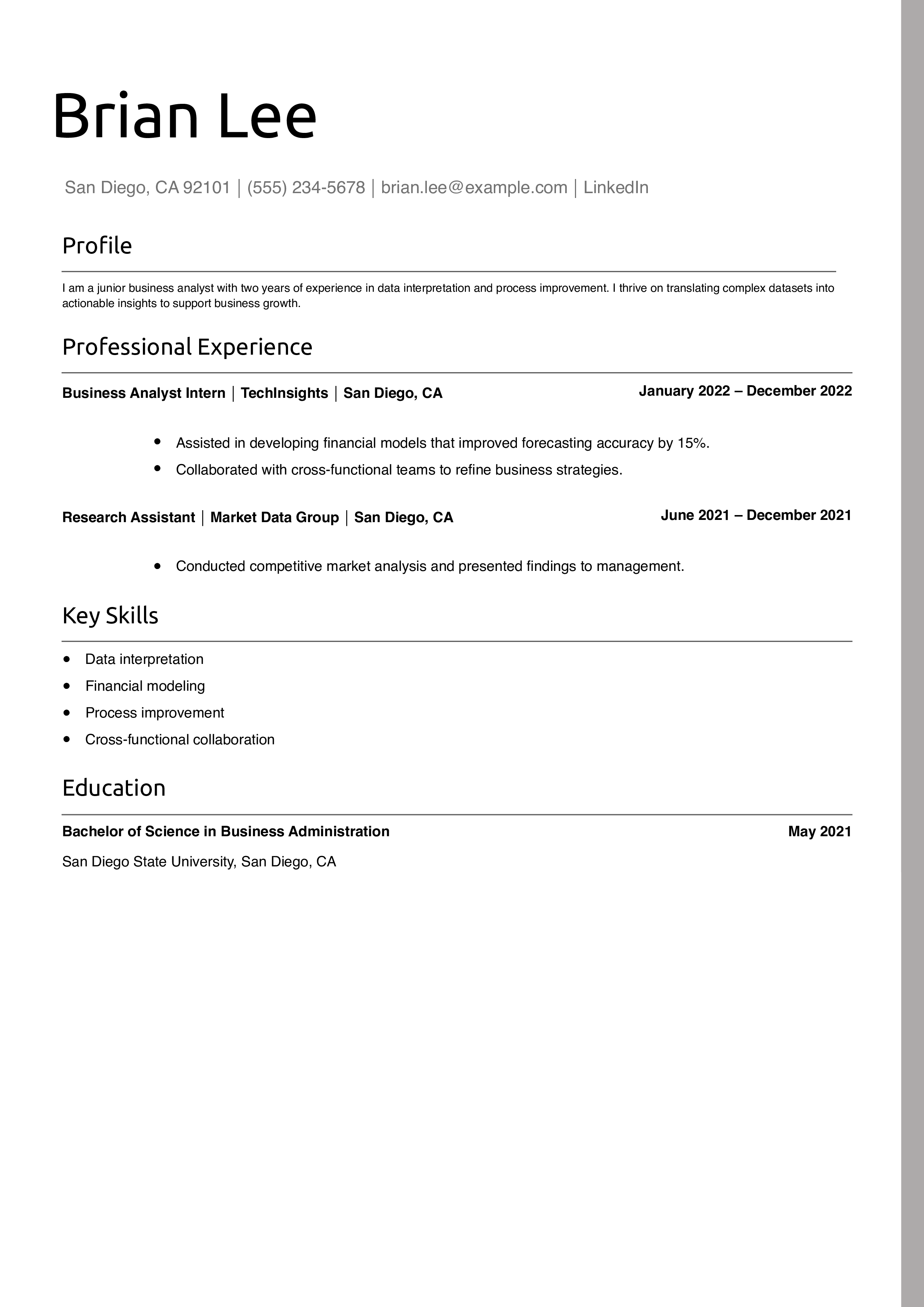 Junior Business Analyst Resume Example