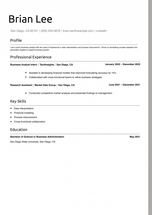 Junior Business Analyst Resume Example