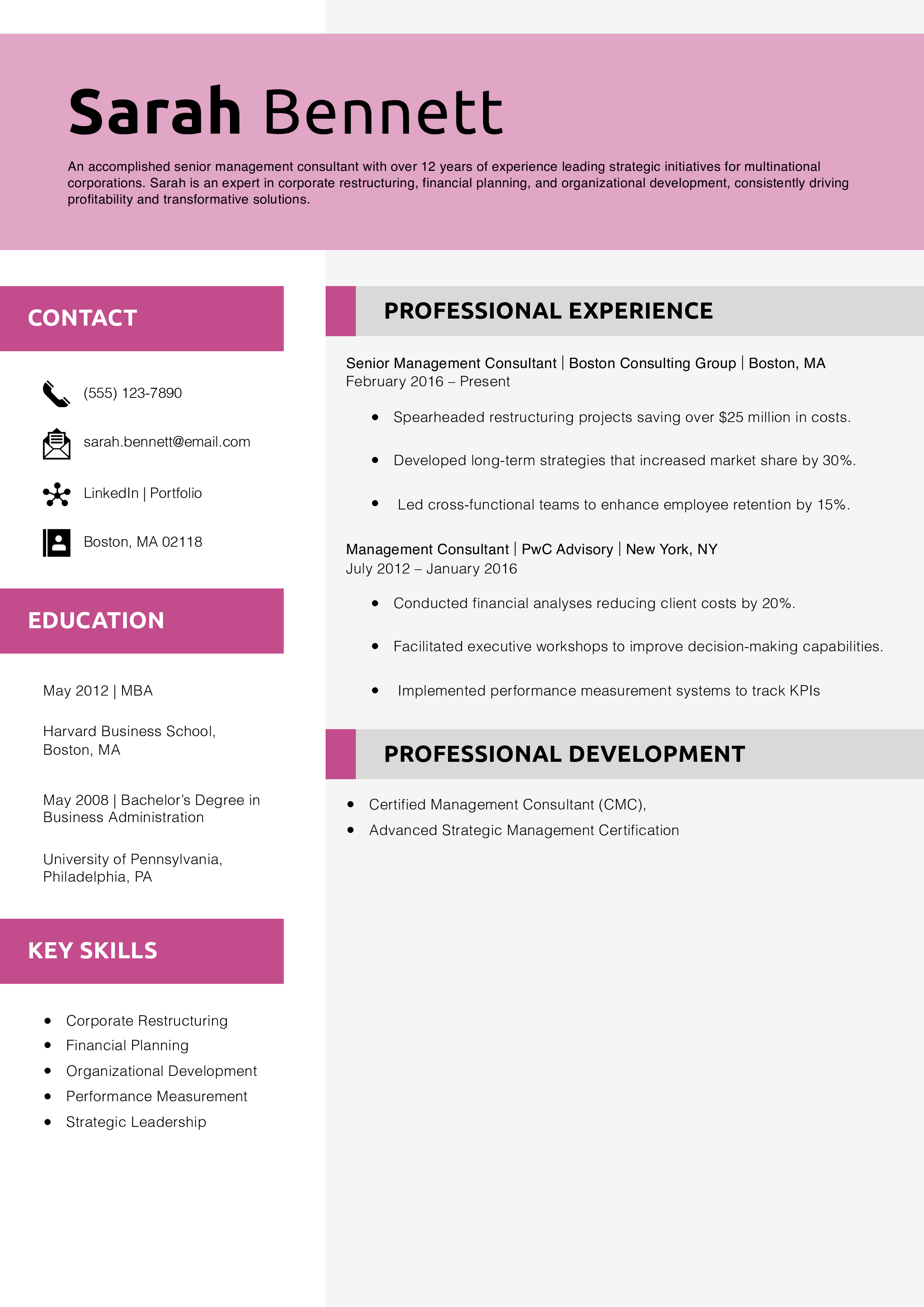 Senior Management Consultant Resume Example
