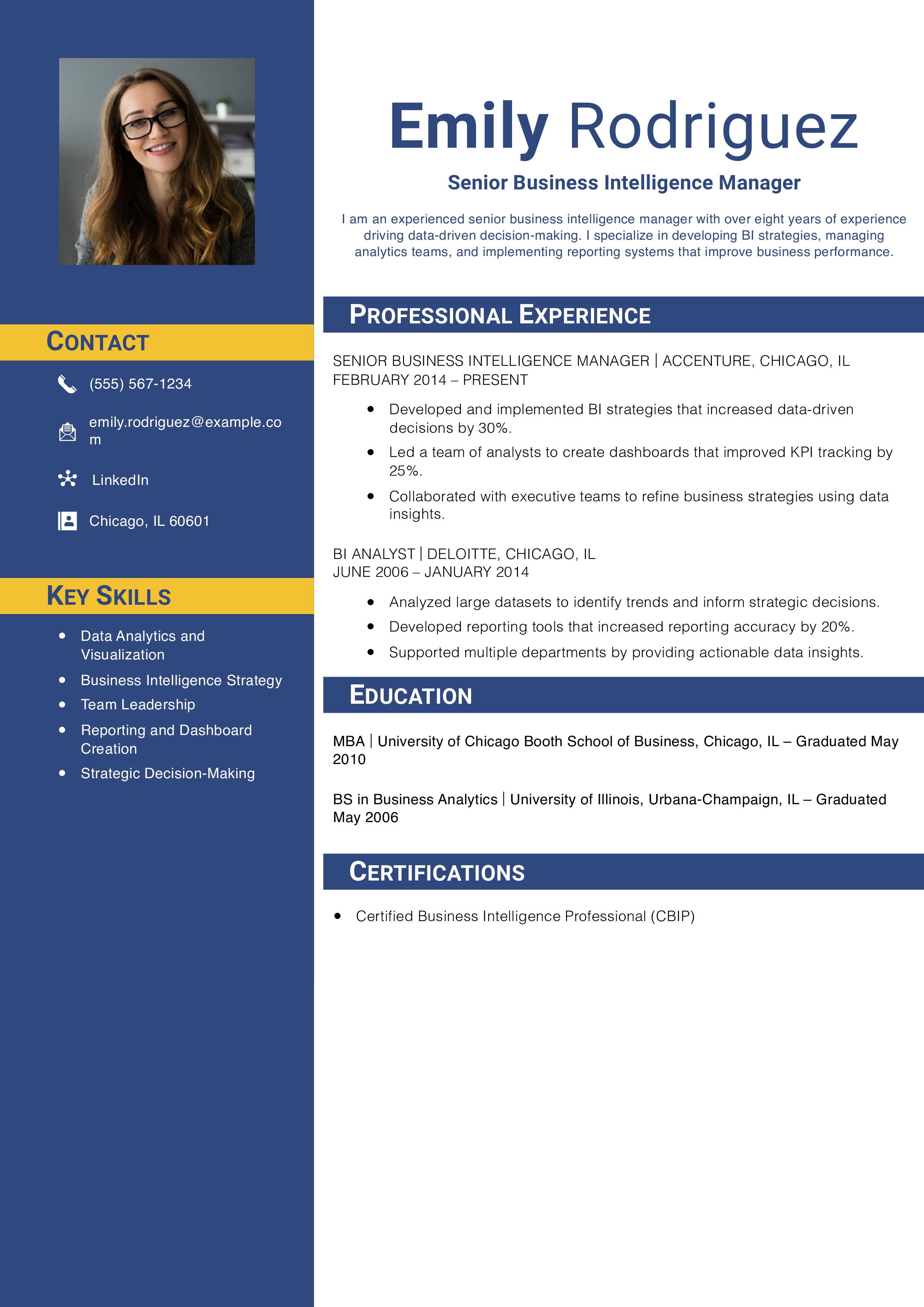 Senior Business Intelligence Manager Resume Example