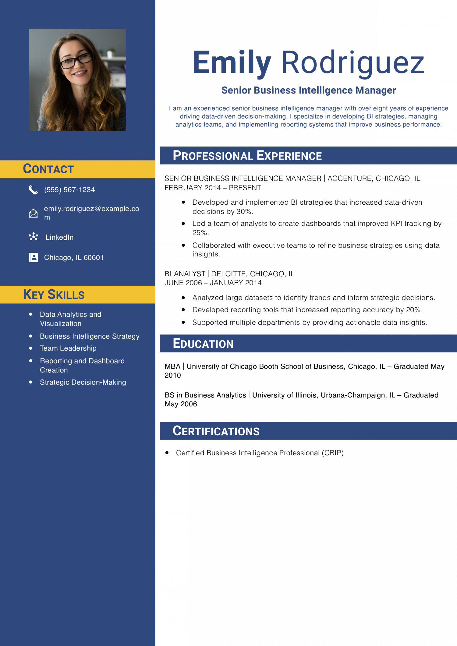 Senior Business Intelligence Manager Resume Example