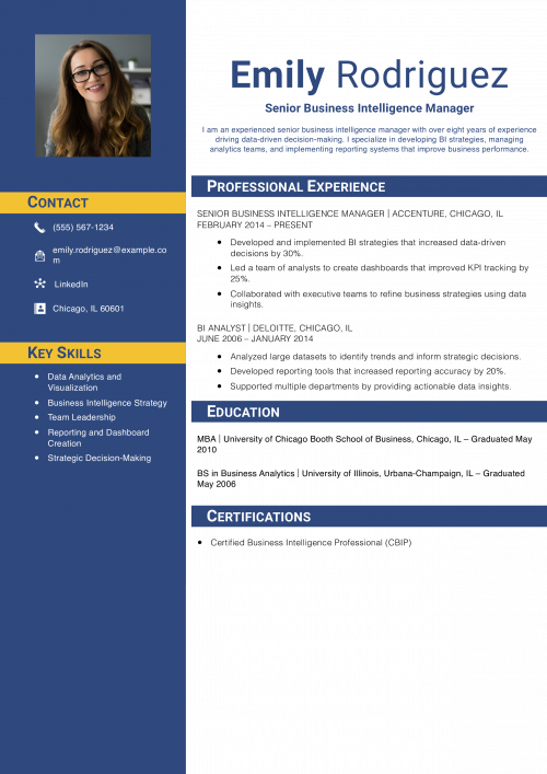 Senior Business Intelligence Manager Resume Example