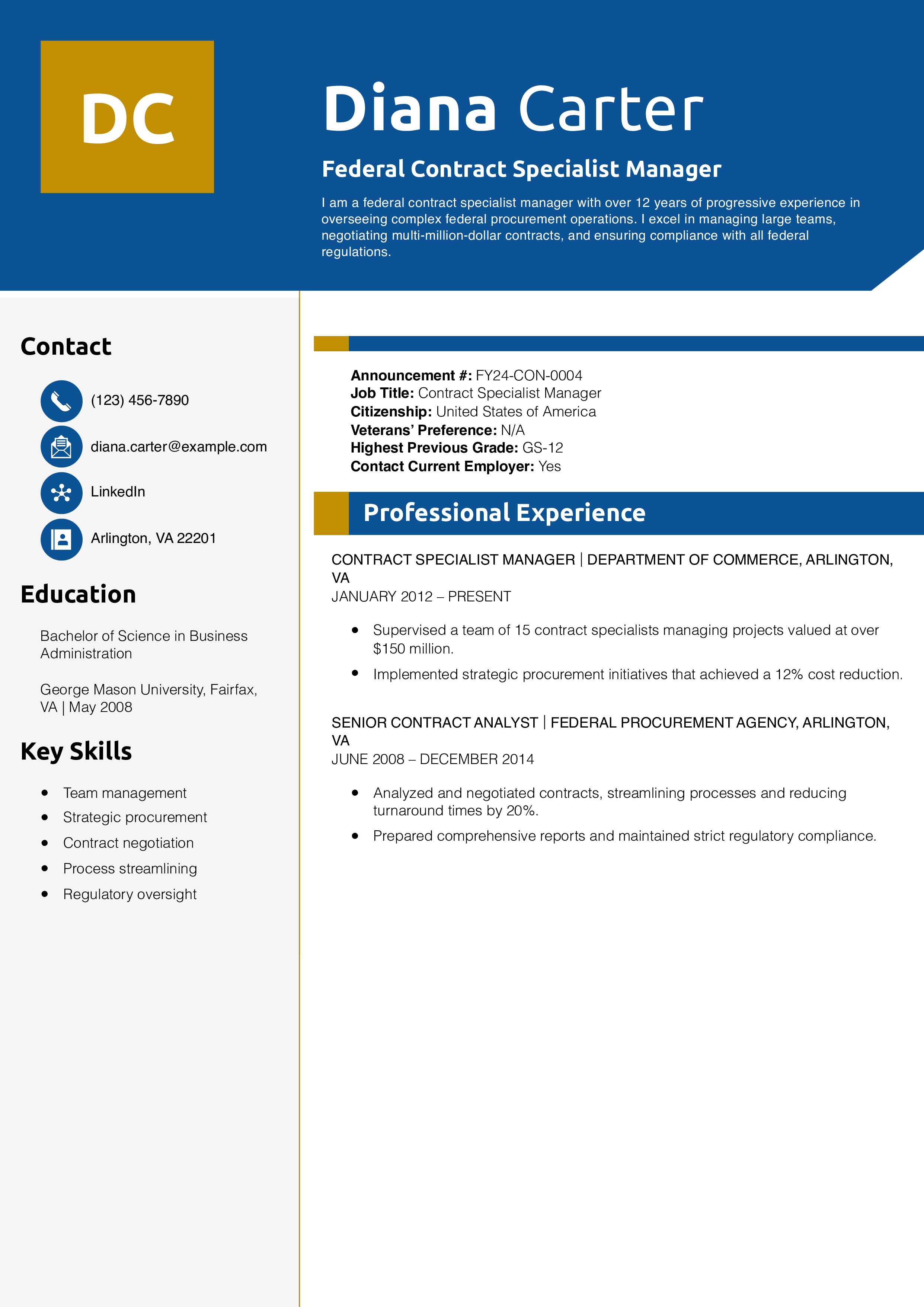 Federal Contract Specialist Manager Resume Example