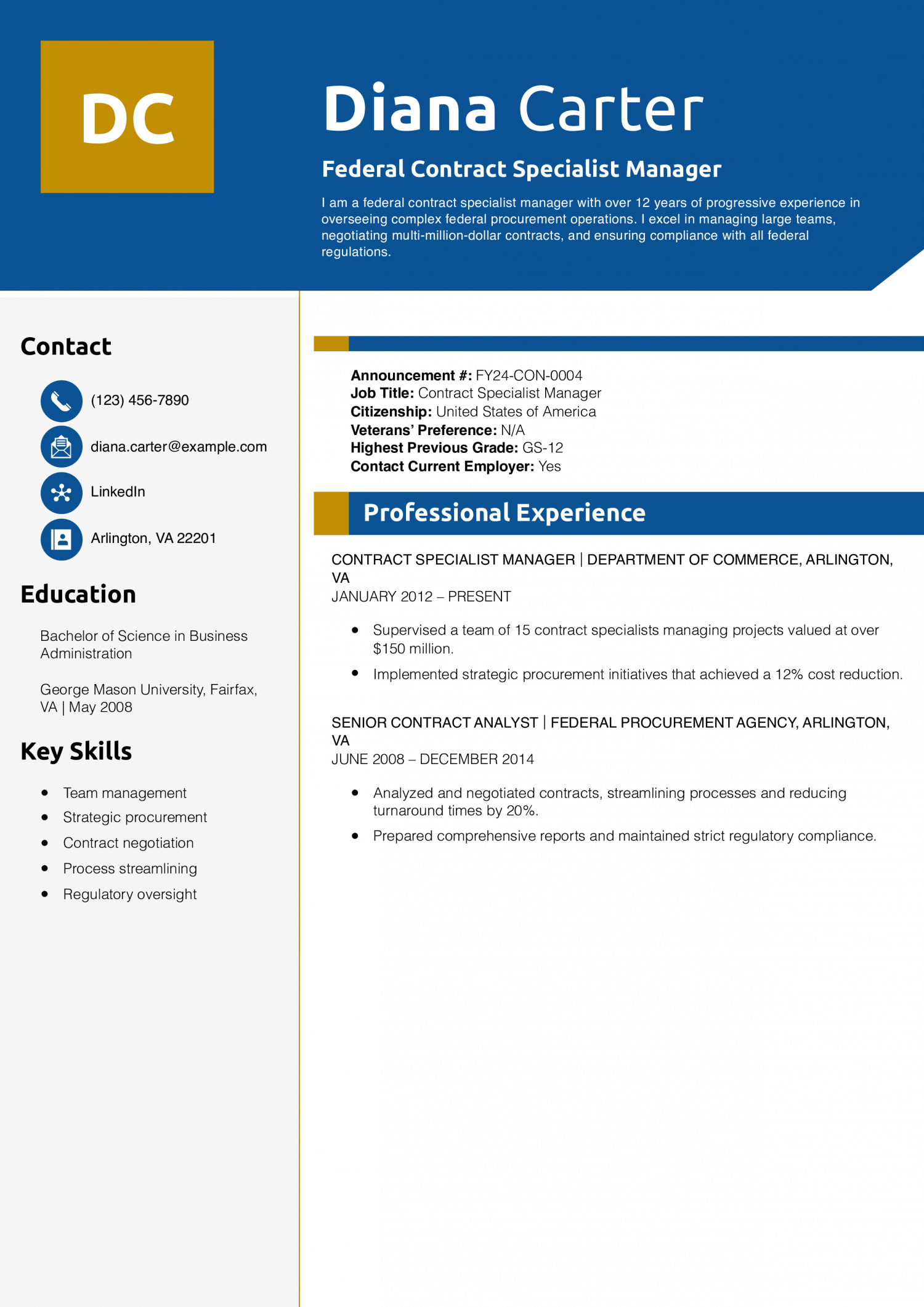 Federal Contract Specialist Manager Resume Example