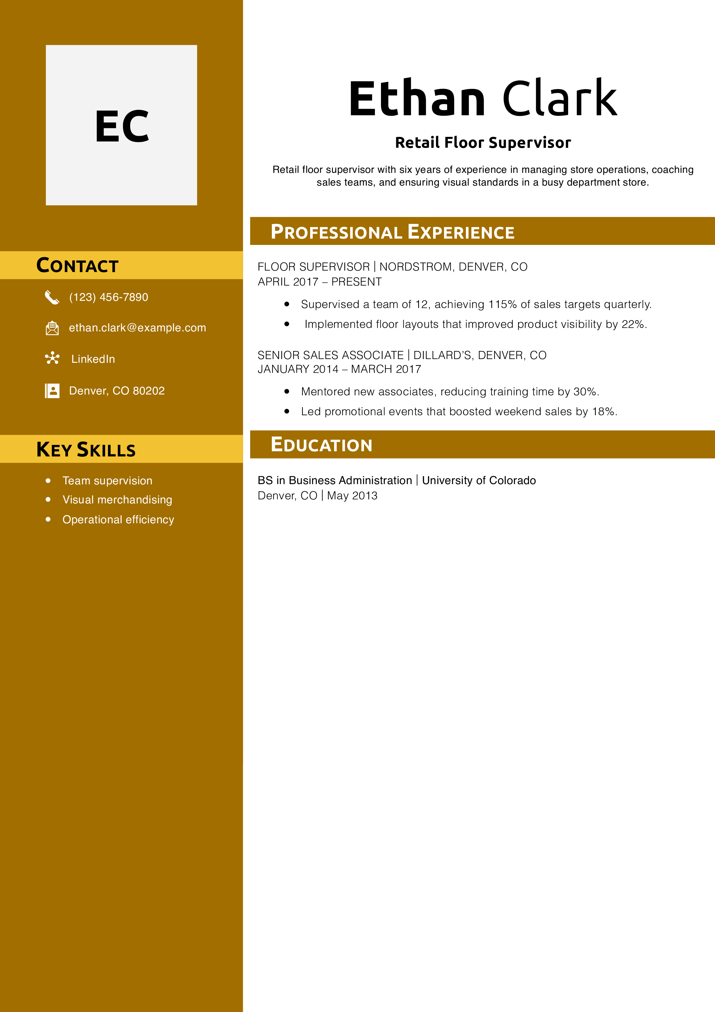Retail Floor Supervisor Resume Example