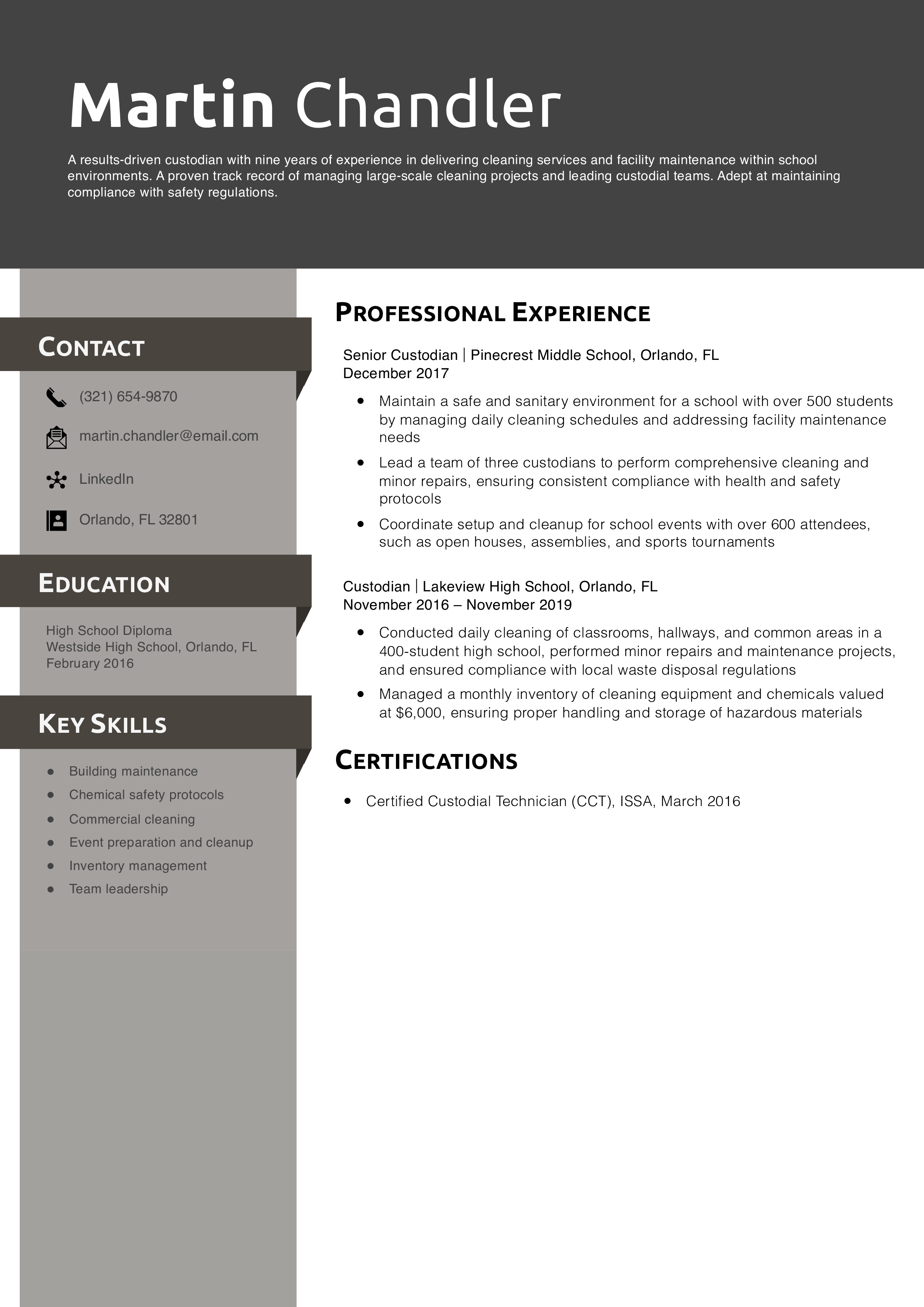 Senior Custodian Resume Example