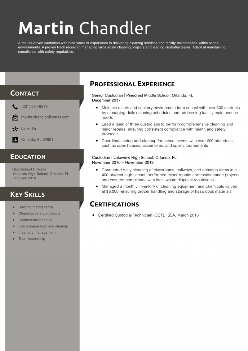 Senior Custodian Resume Example