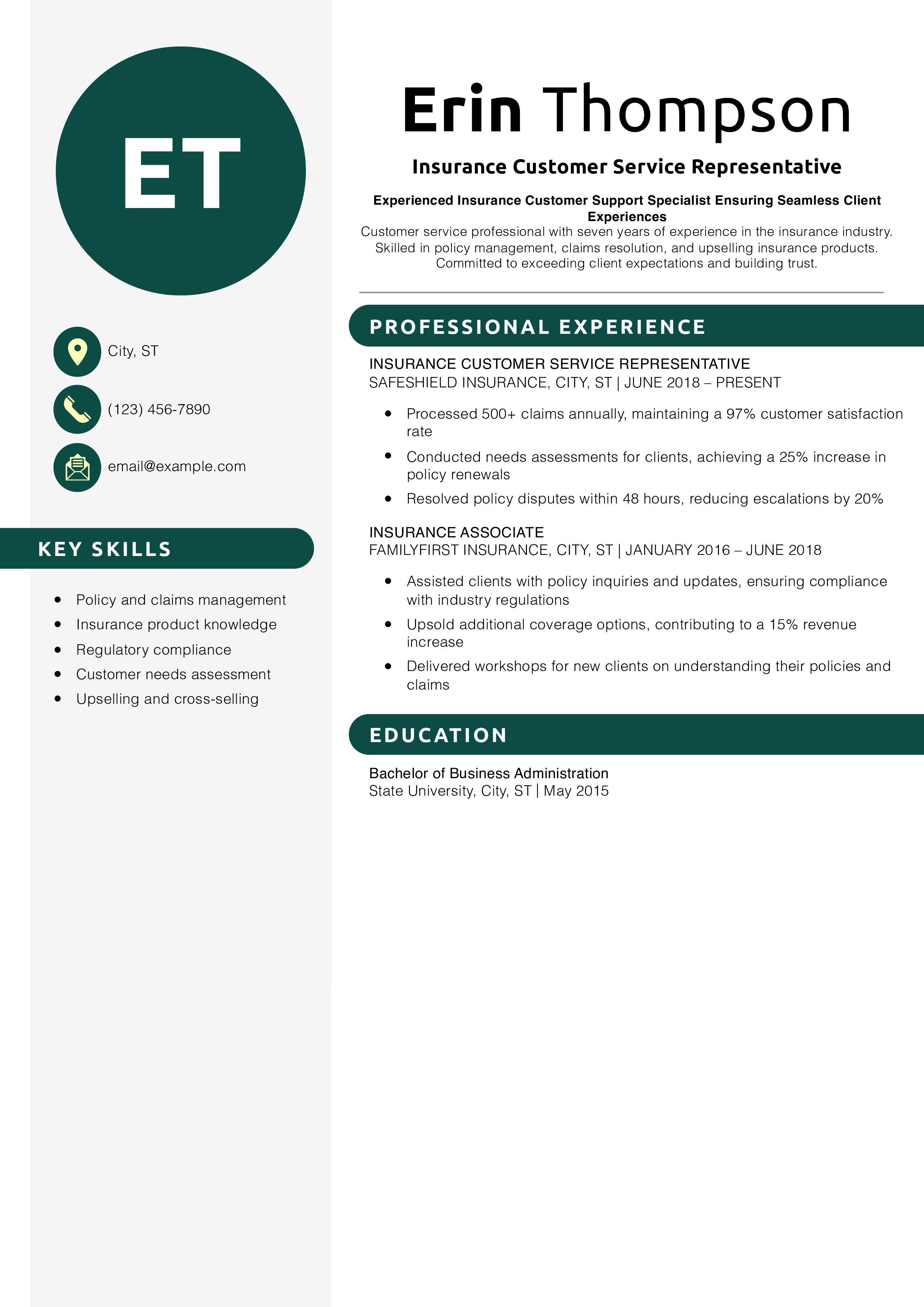 Insurance Customer Service Representative Resume Example