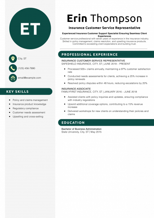 Insurance Customer Service Representative Resume Example