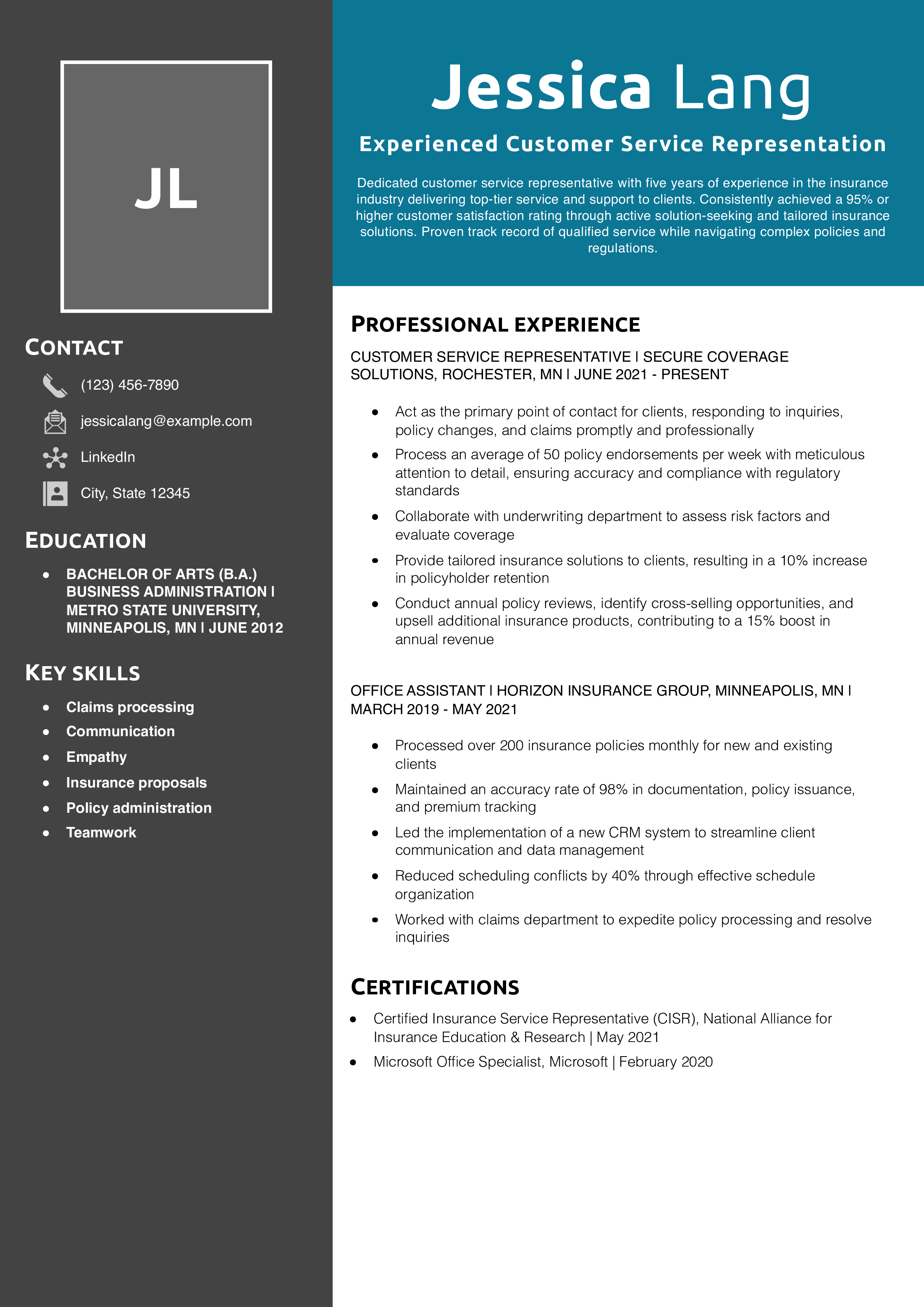 Experienced Customer Service Representation Resume Example