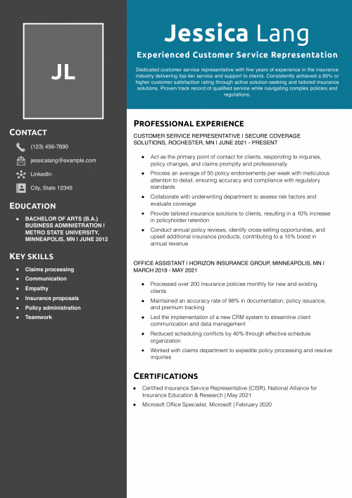 Experienced Customer Service Representation Resume Example