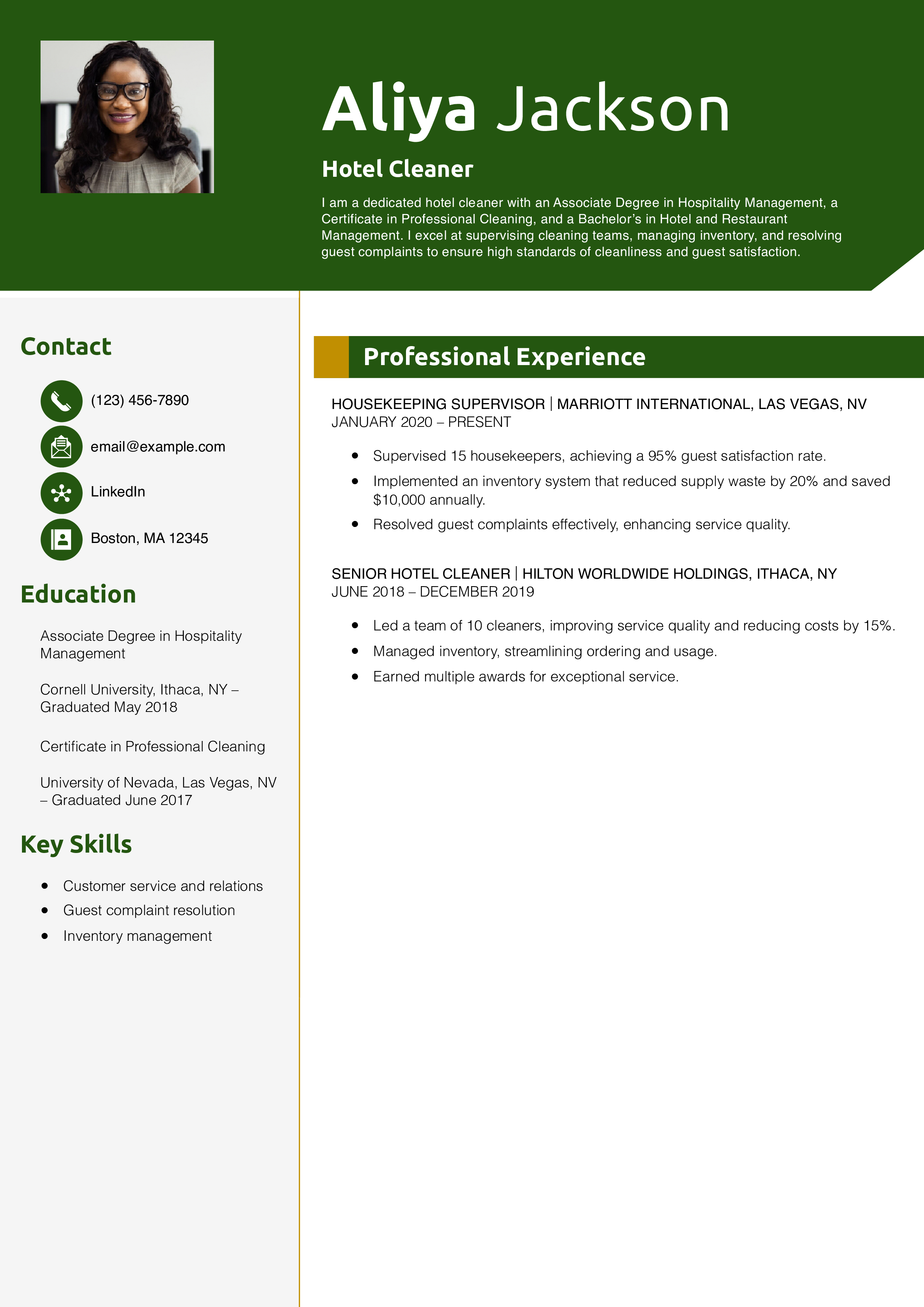 Hotel Cleaner Resume Example