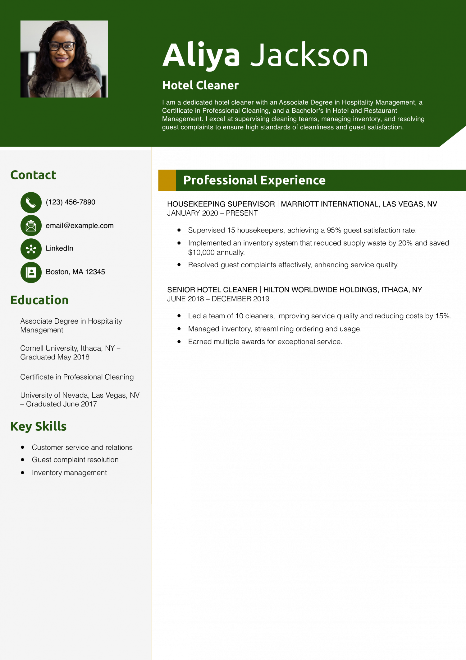 Hotel Cleaner Resume Example