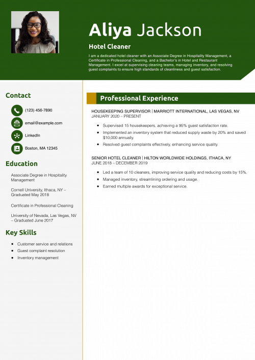 Hotel Cleaner Resume Example
