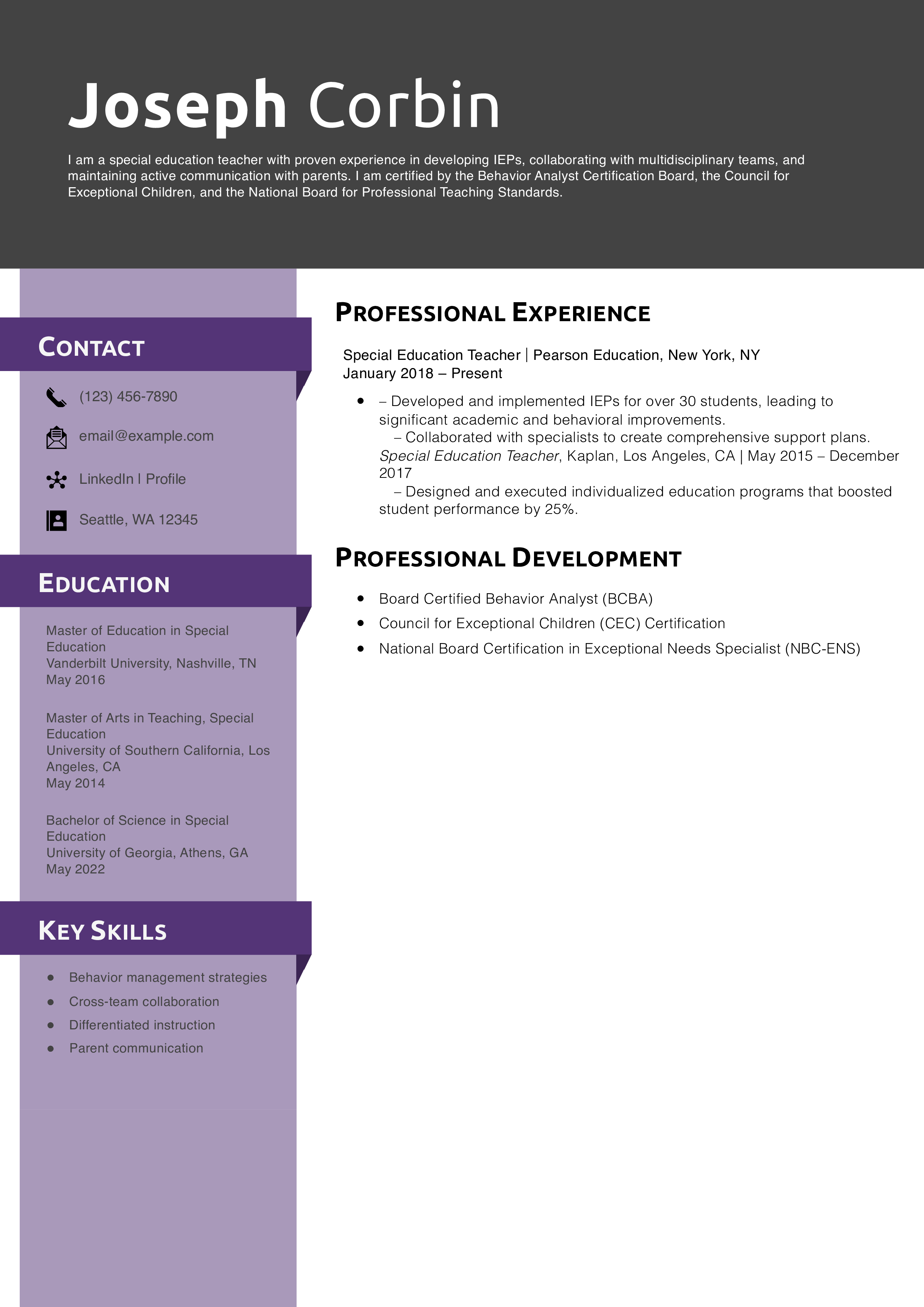 General Special Education Teacher Resume Example