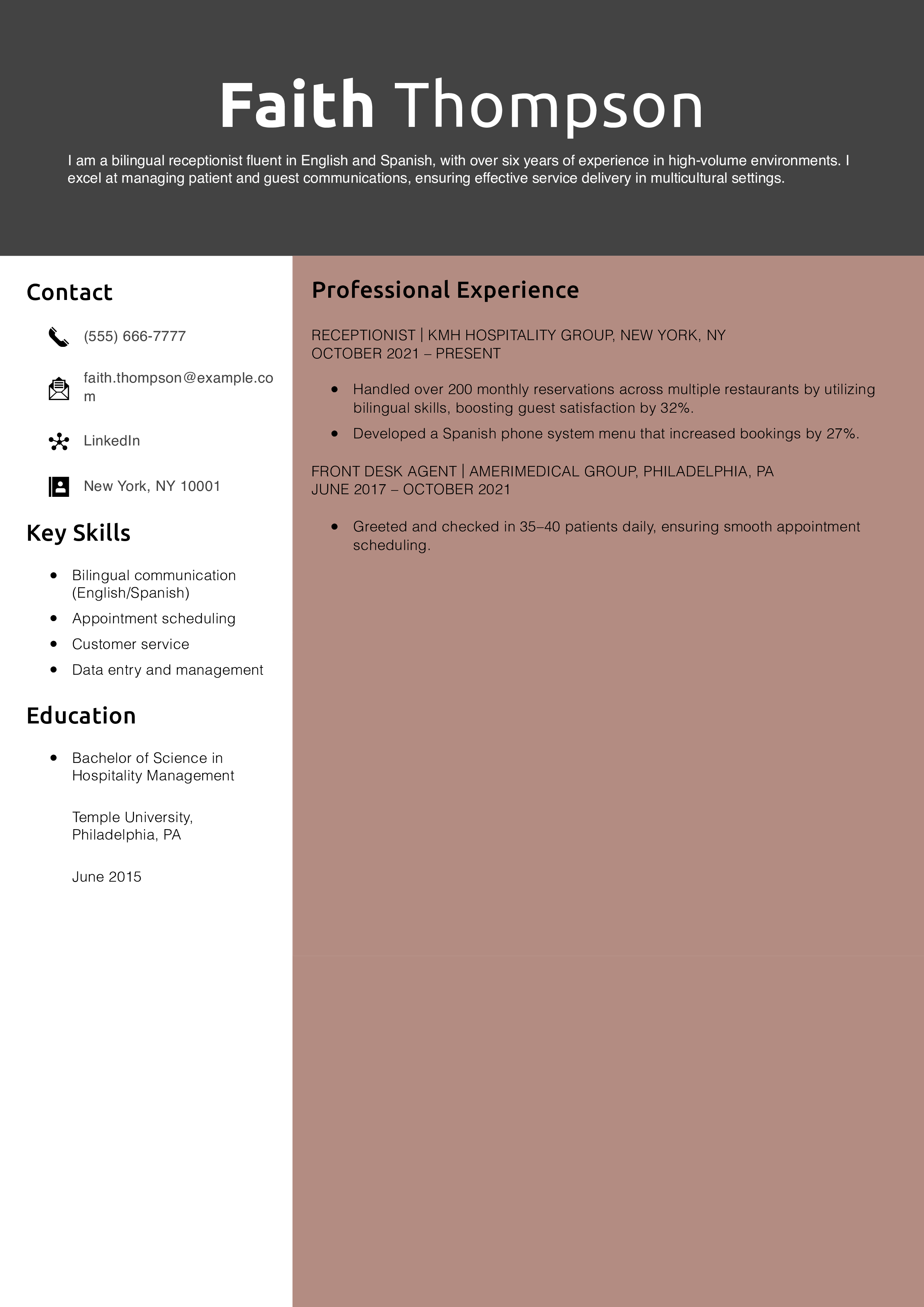 Bilingual Receptionist Resume Example