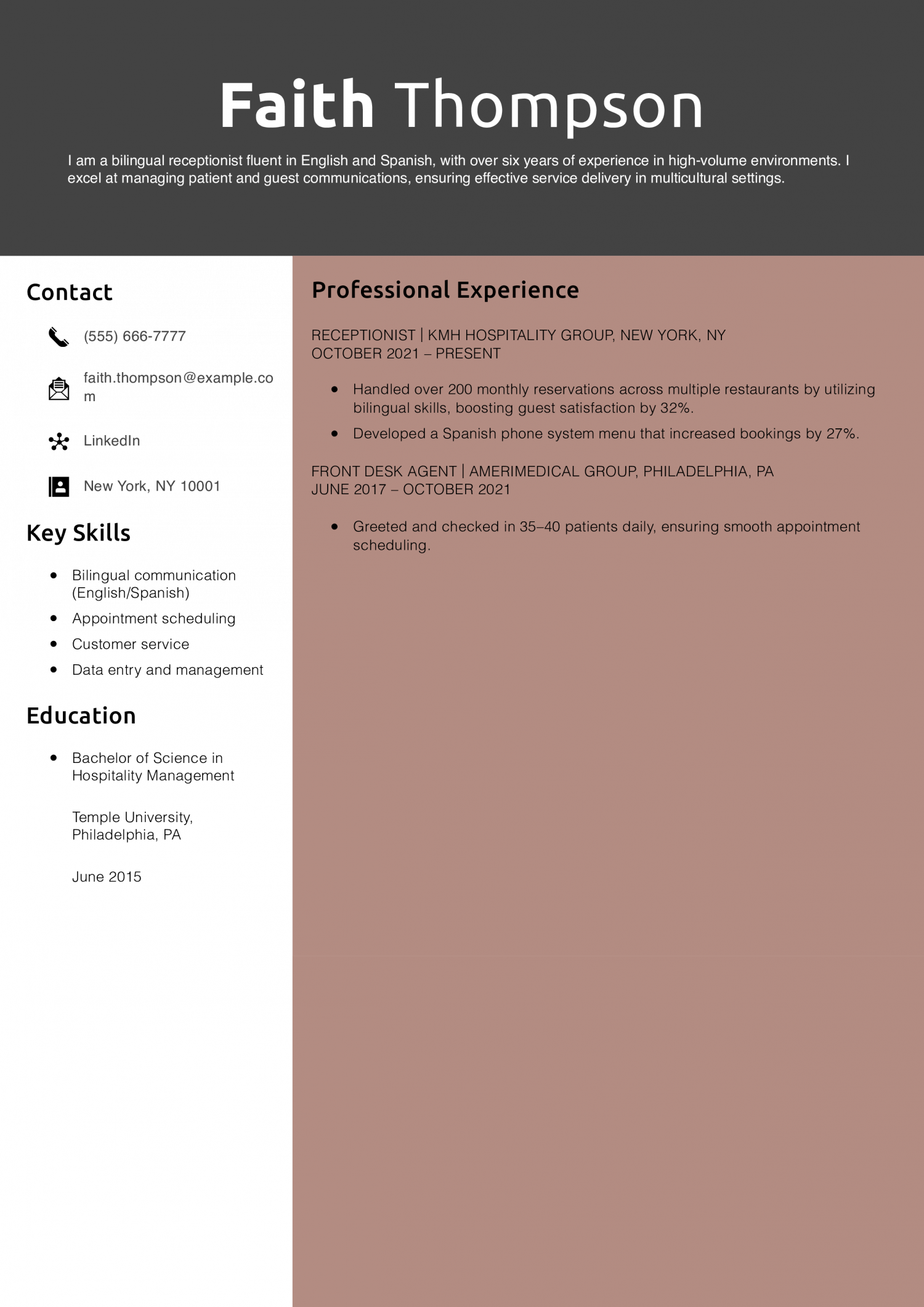 Bilingual Receptionist Resume Example
