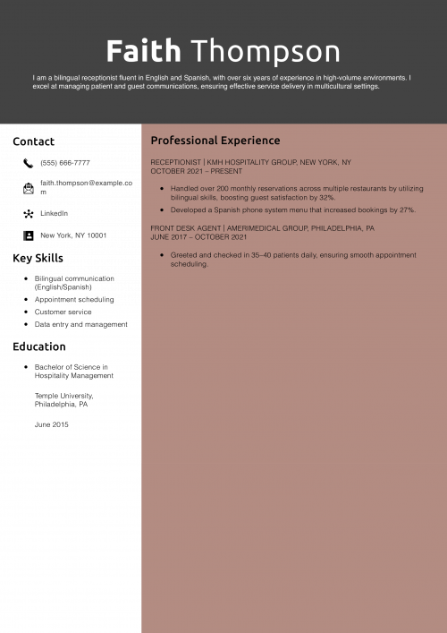 Bilingual Receptionist Resume Example