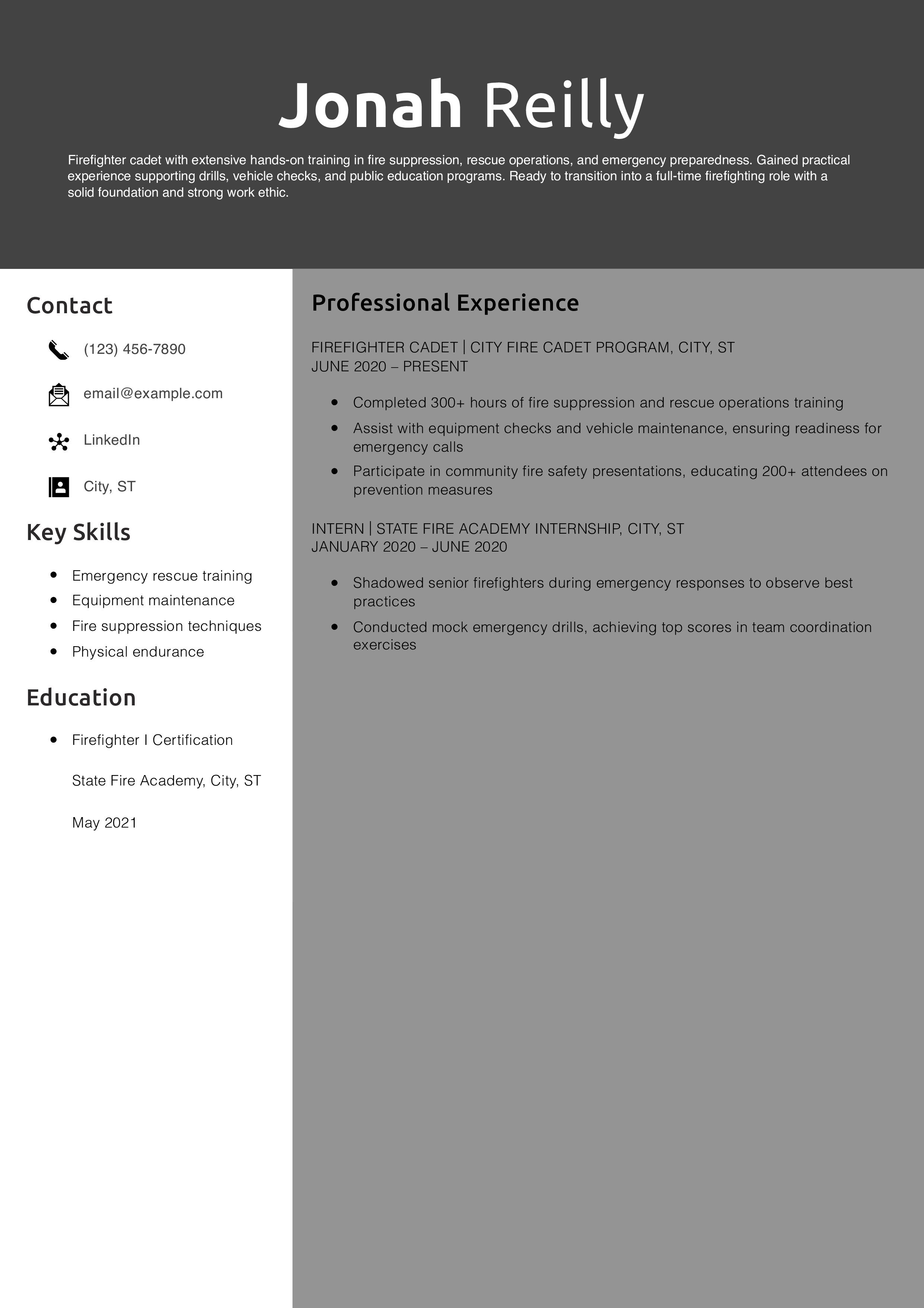 Firefighter Cadet Resume