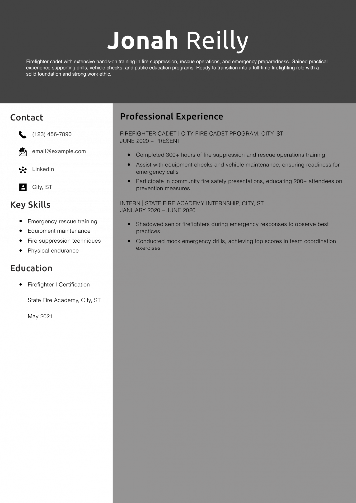 Firefighter Cadet Resume