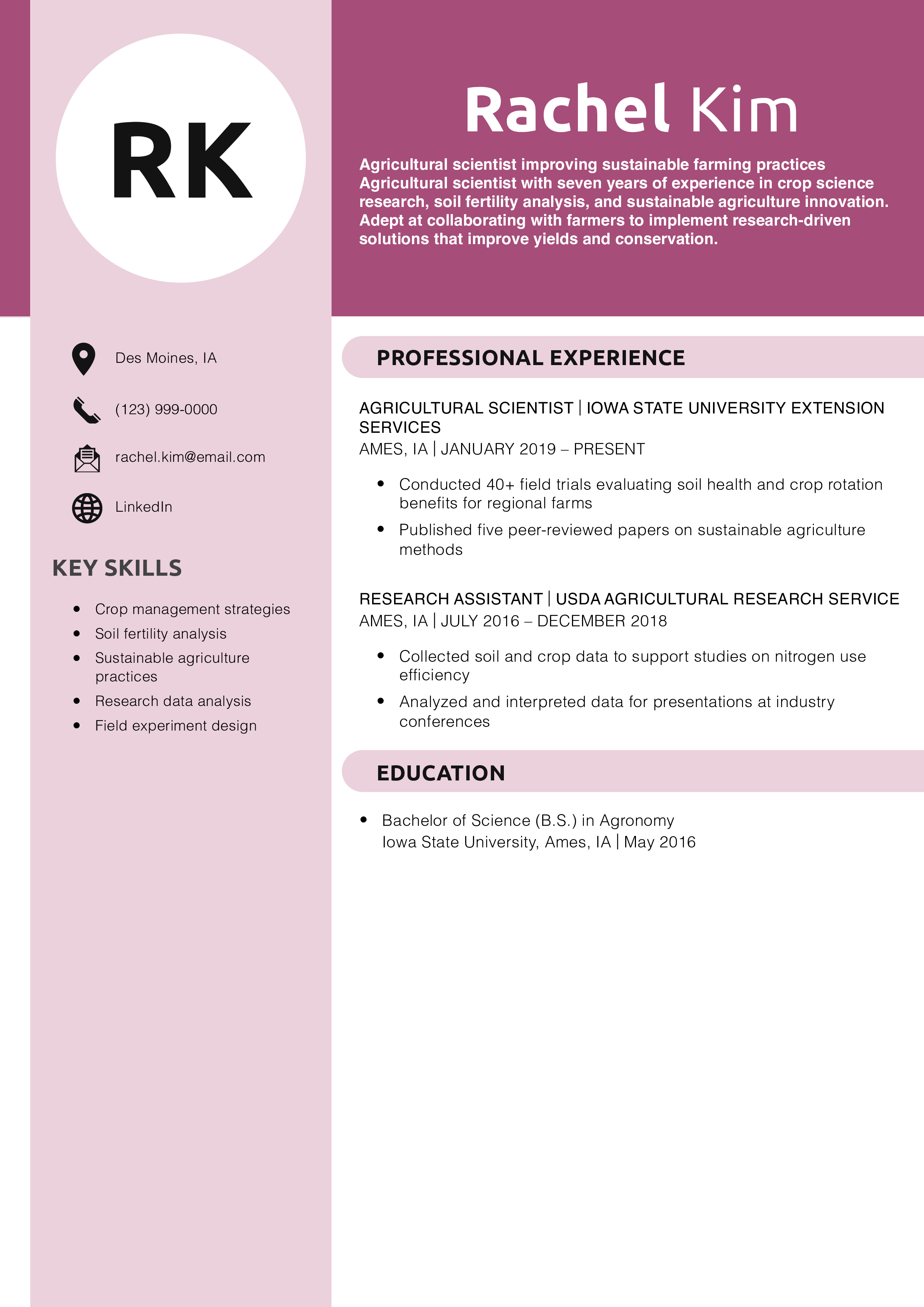 Agricultural Scientist Resume Example