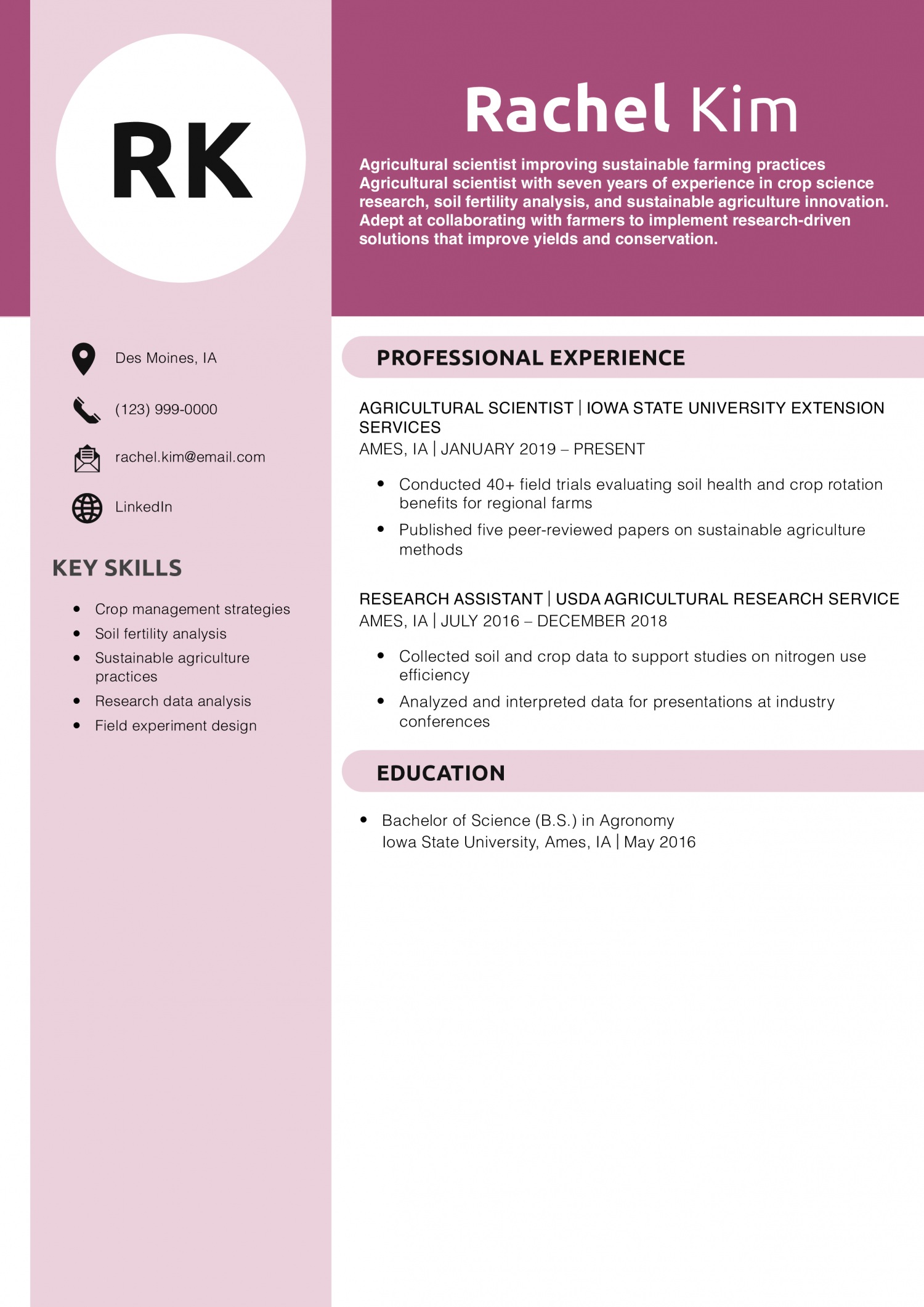 Agricultural Scientist Resume Example