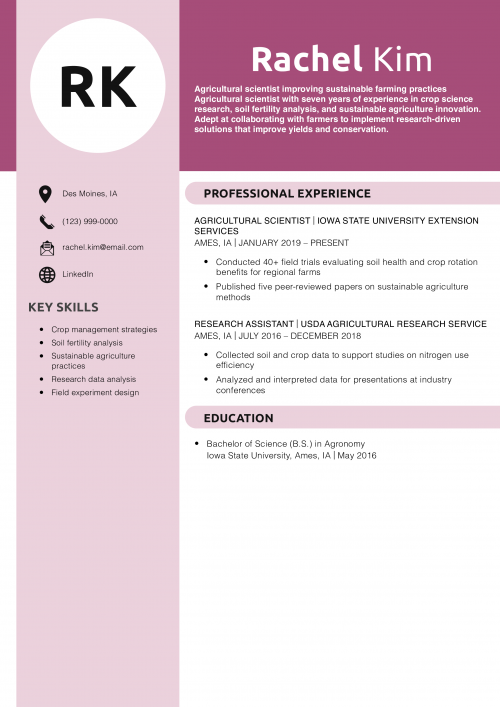 Agricultural Scientist Resume Example