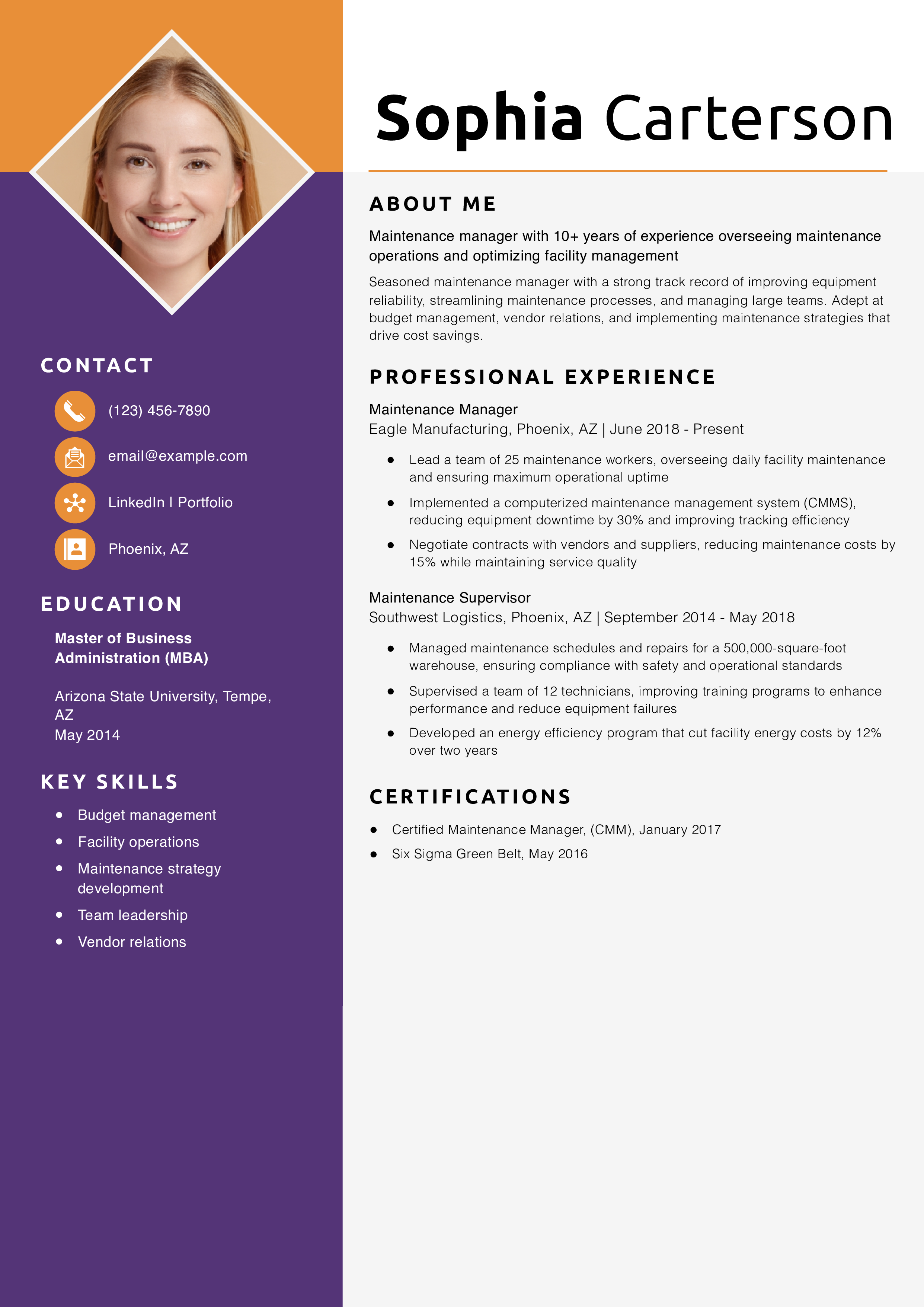 Maintenance Manager Resume Example