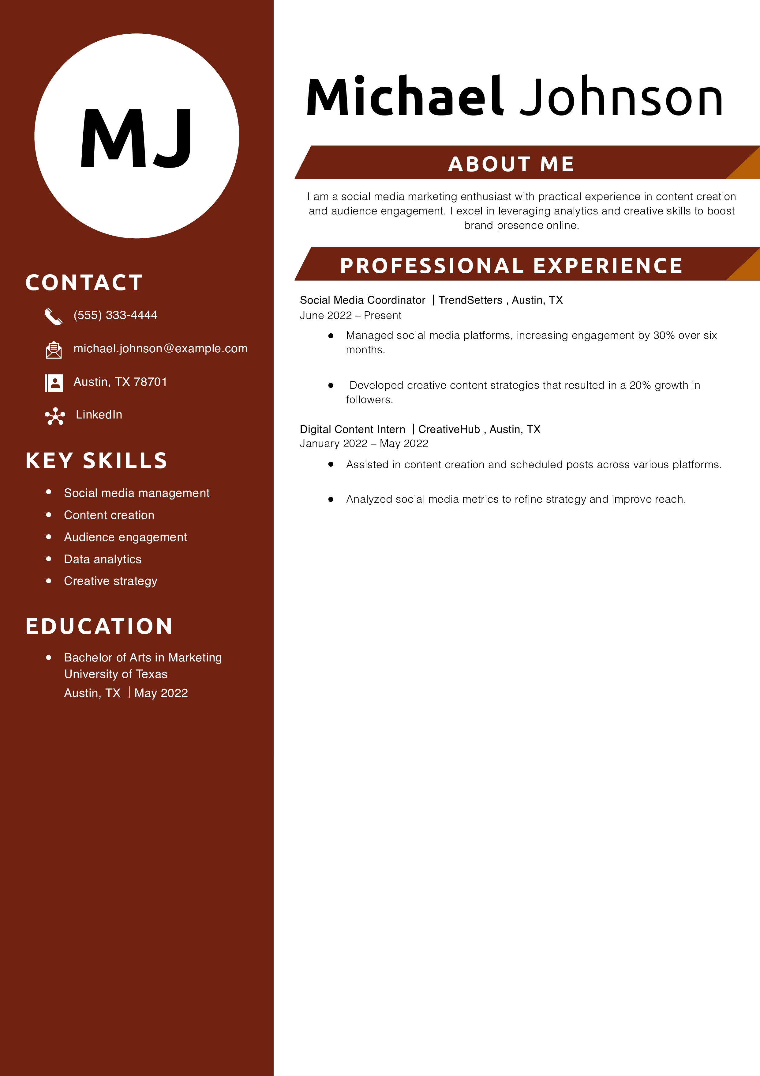 Social Media Marketing Resume Example