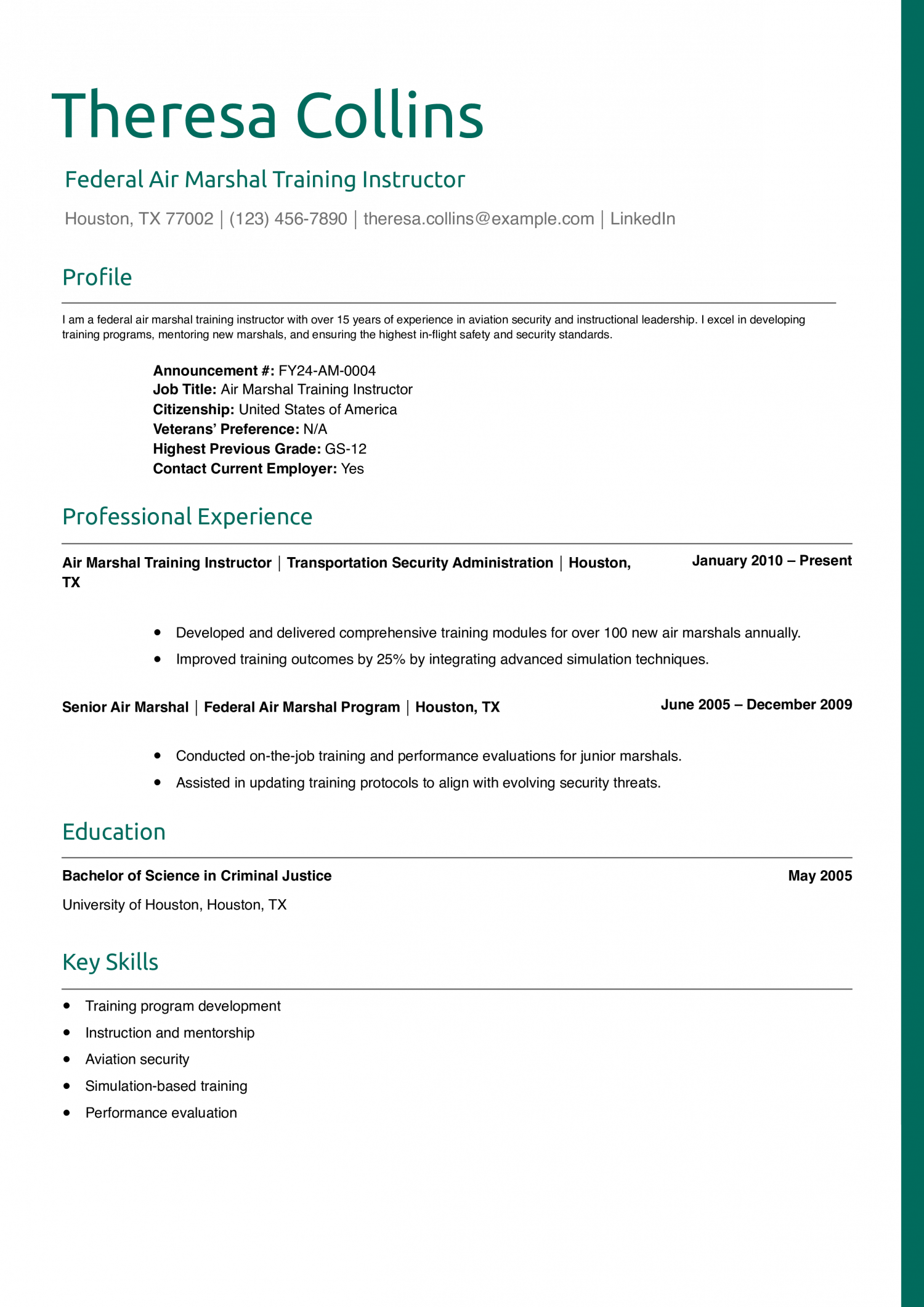 Federal Air Marshal Training Instructor Resume Example