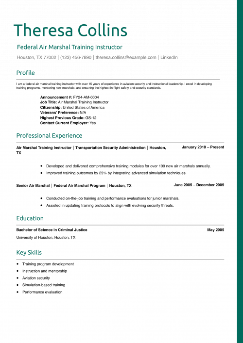 Federal Air Marshal Training Instructor Resume Example