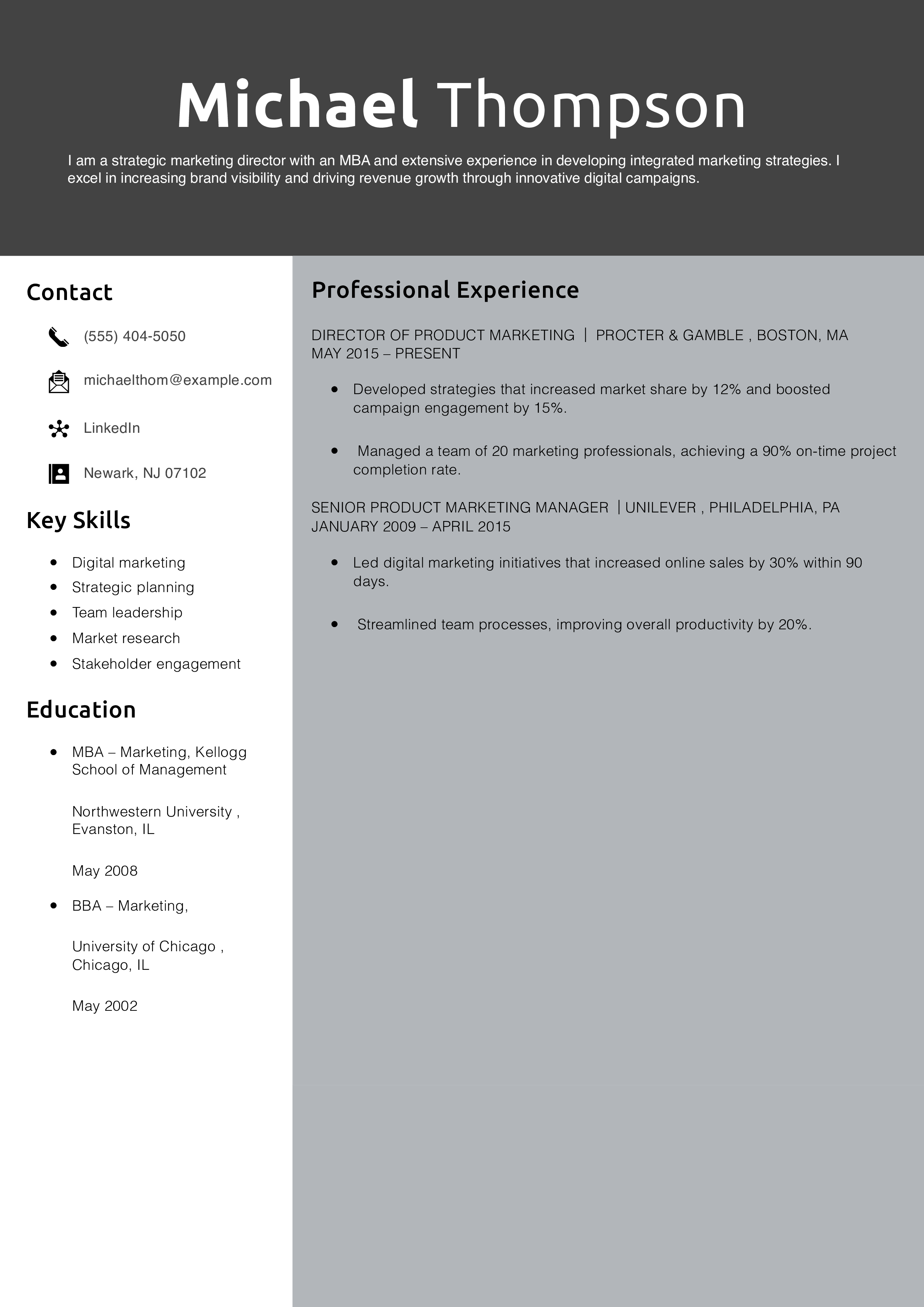 Product Marketing Director Resume Example