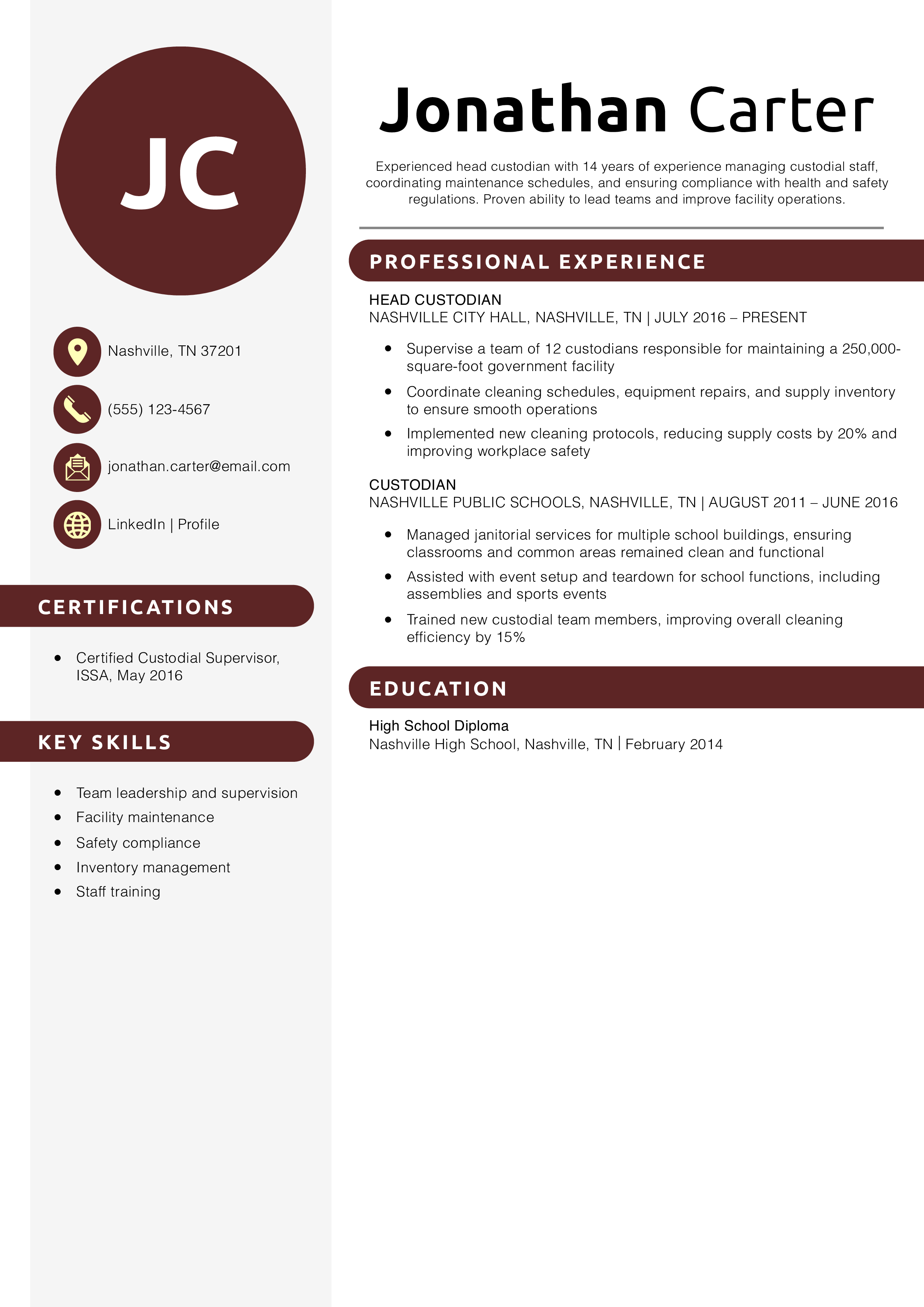 Head Custodian Resume Example