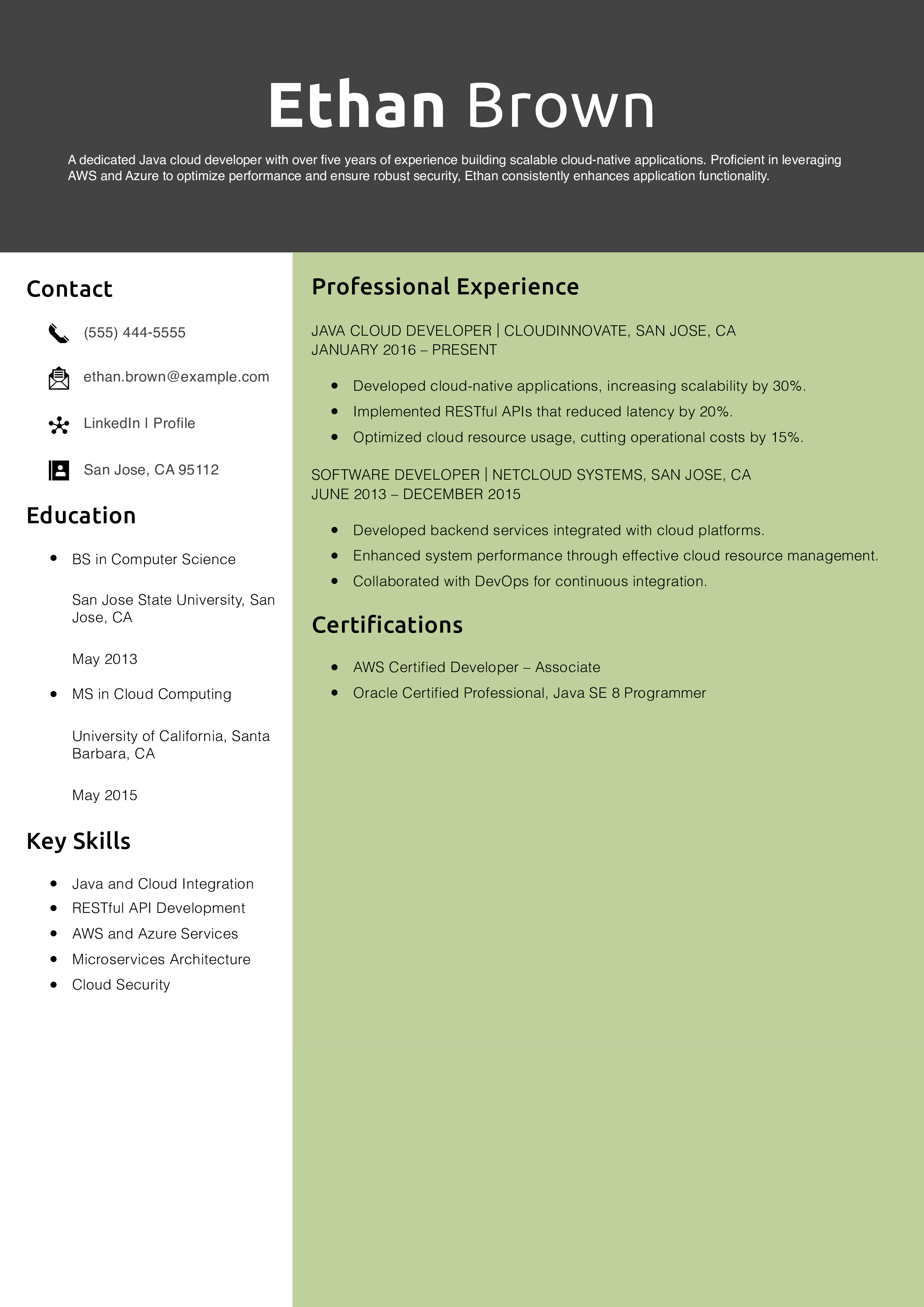 Java Cloud Developer Resume Example