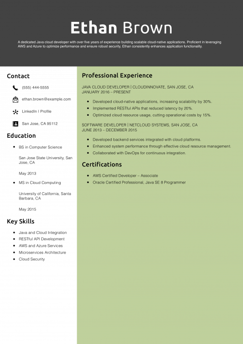 Java Cloud Developer Resume Example