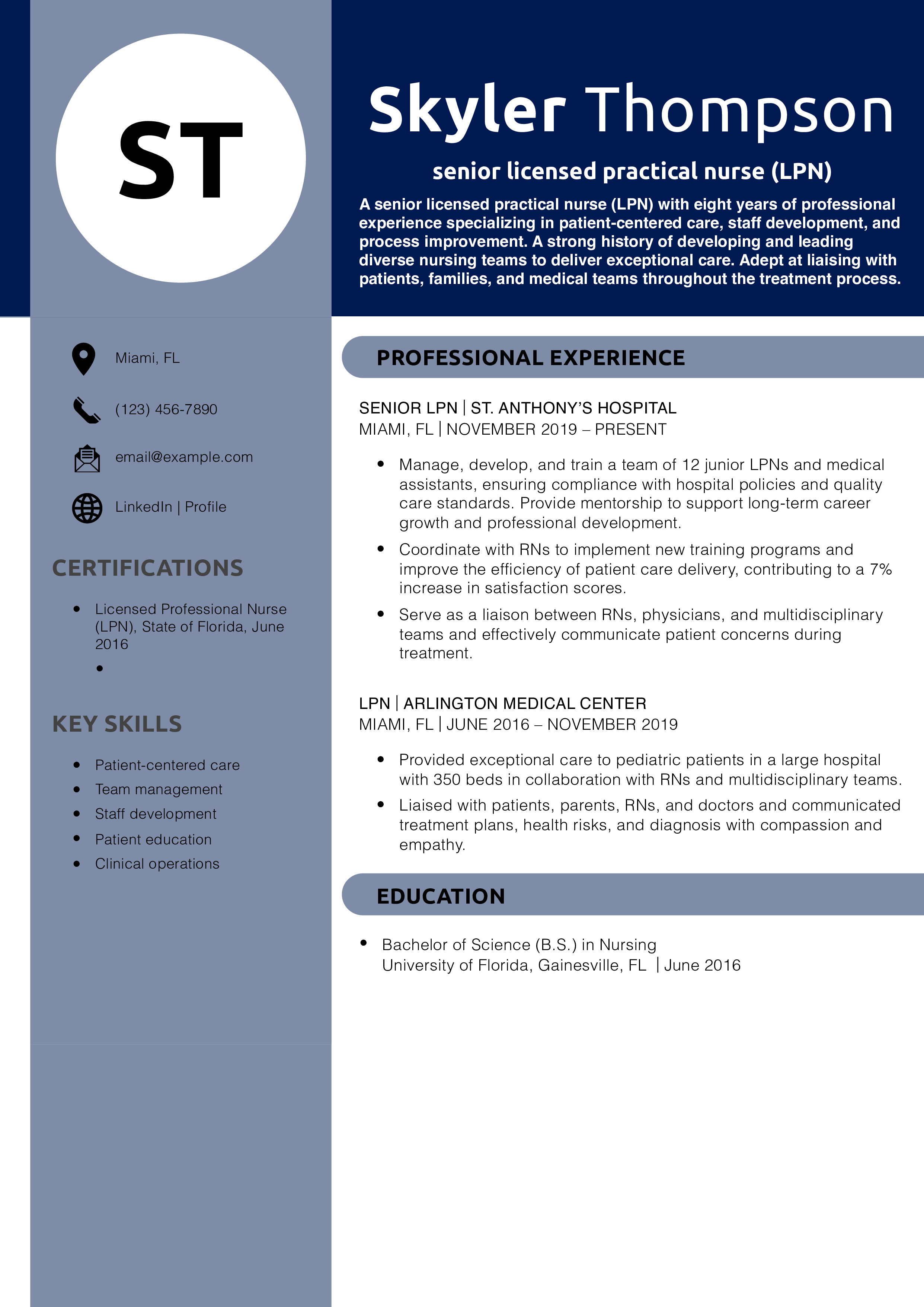 Experienced Licensed Practical Nurse Resume Example