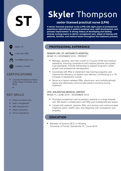 Experienced Licensed Practical Nurse Resume Example
