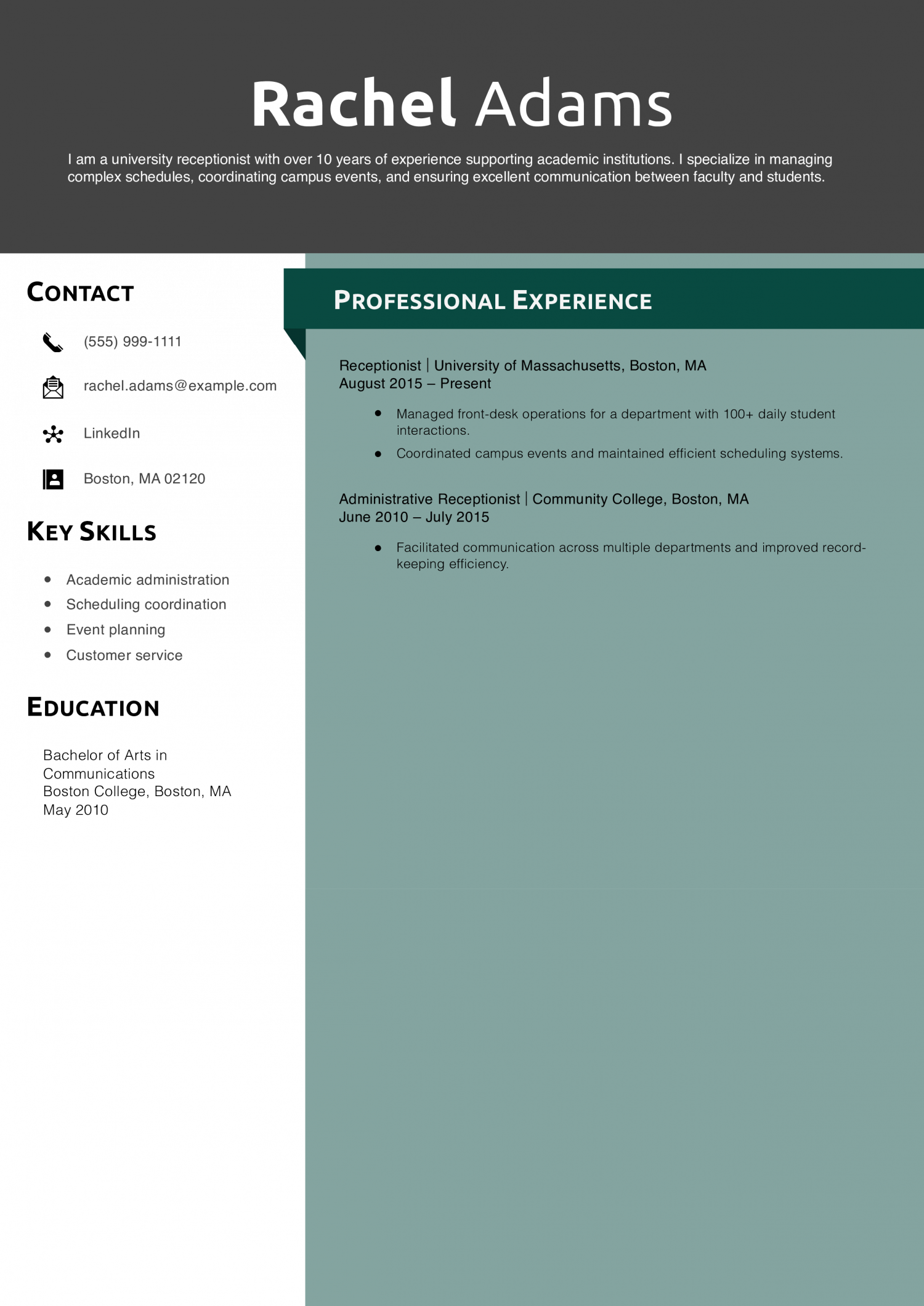 University Receptionist Resume Example