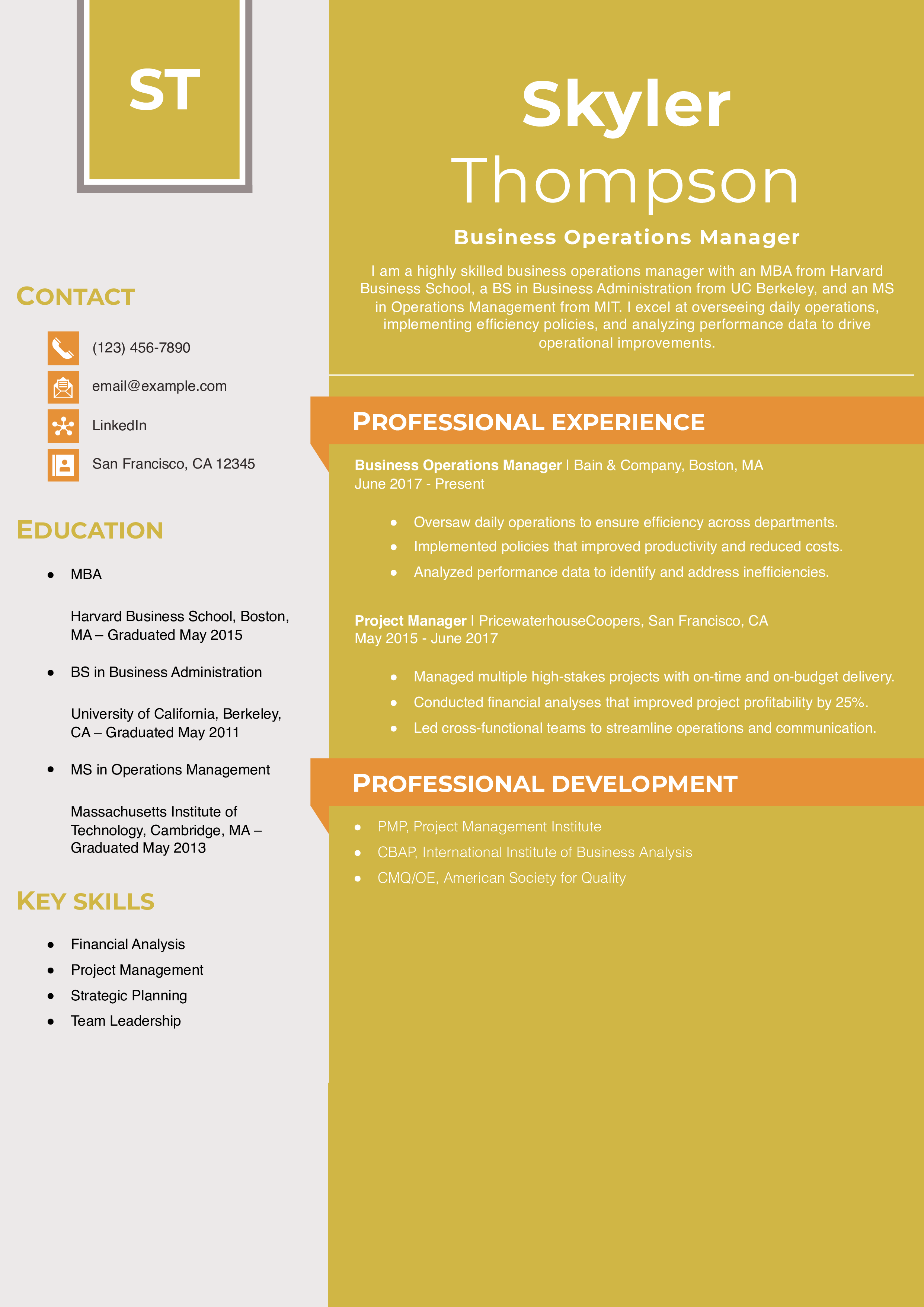 Business Operations Manager Resume Example