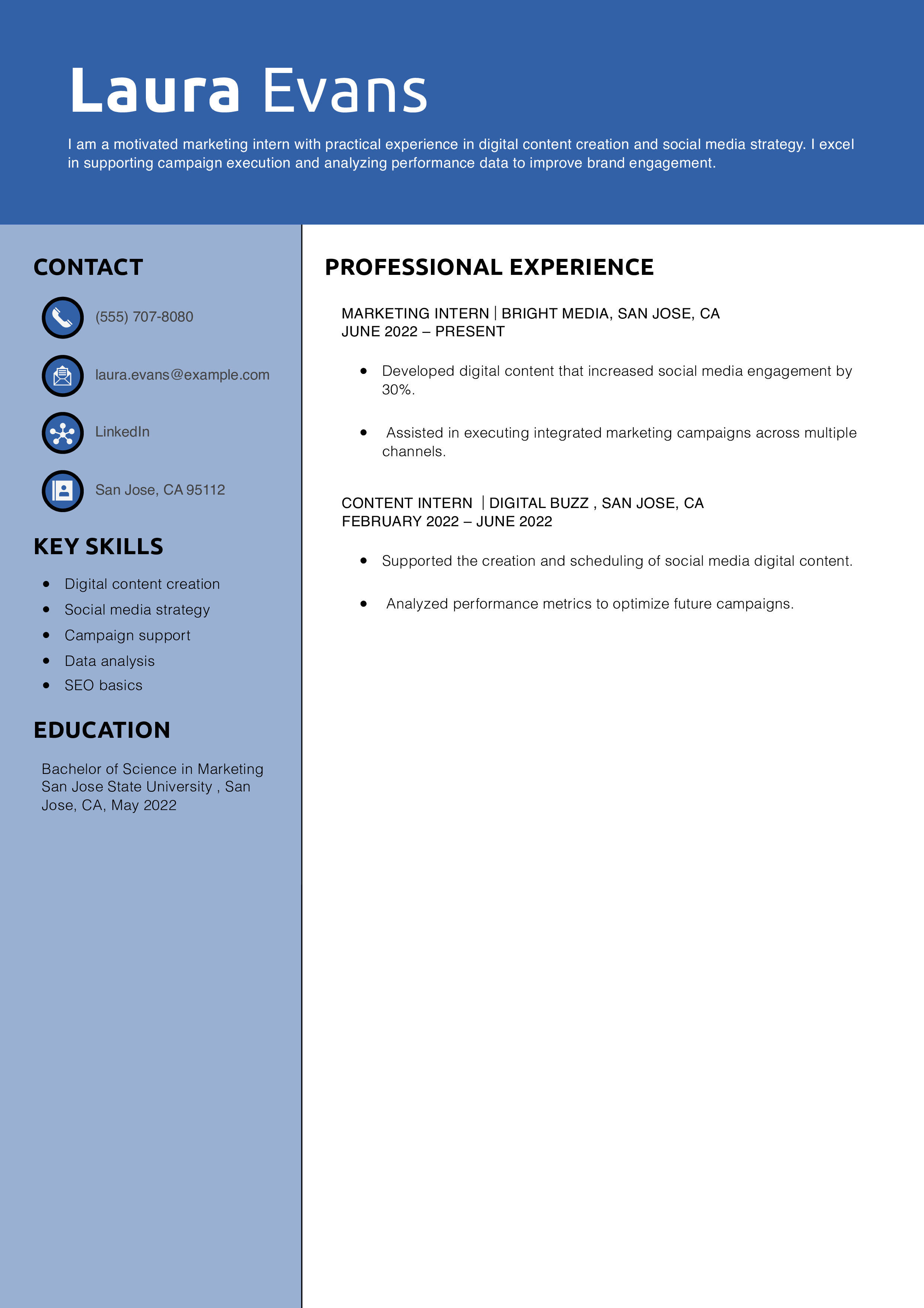 Entry-Level Social Media Marketing Intern Resume Example