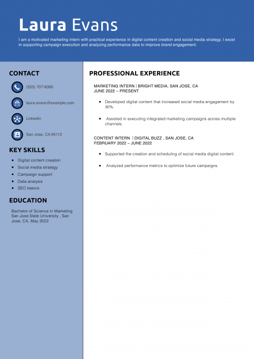 Entry-Level Social Media Marketing Intern Resume Example 