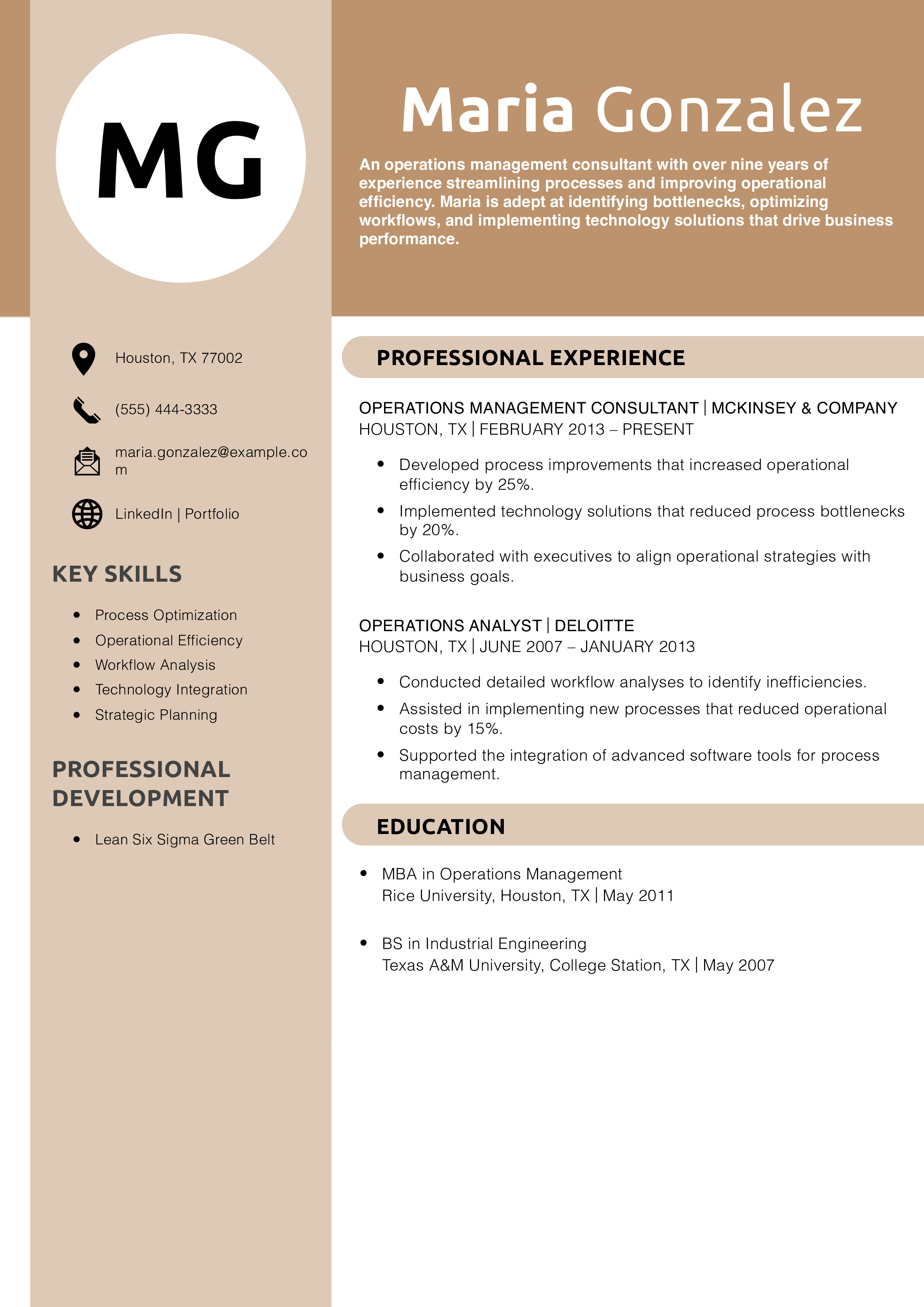 Operations Management Consultant Resume Example