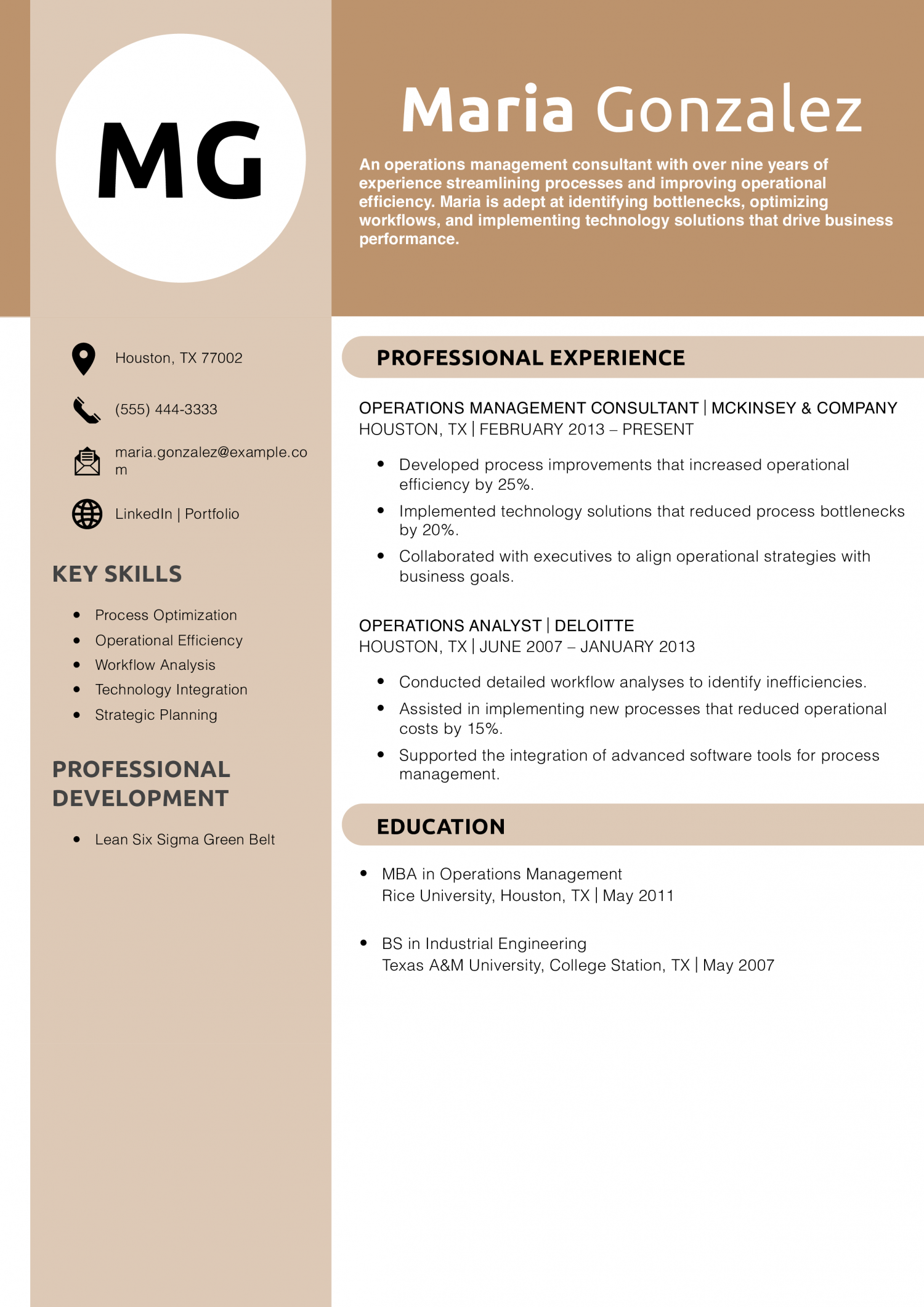 Operations Management Consultant Resume Example