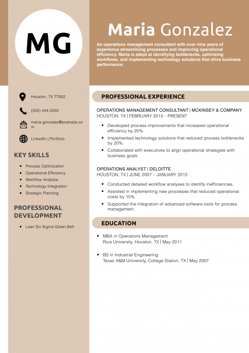 Operations Management Consultant Resume Example