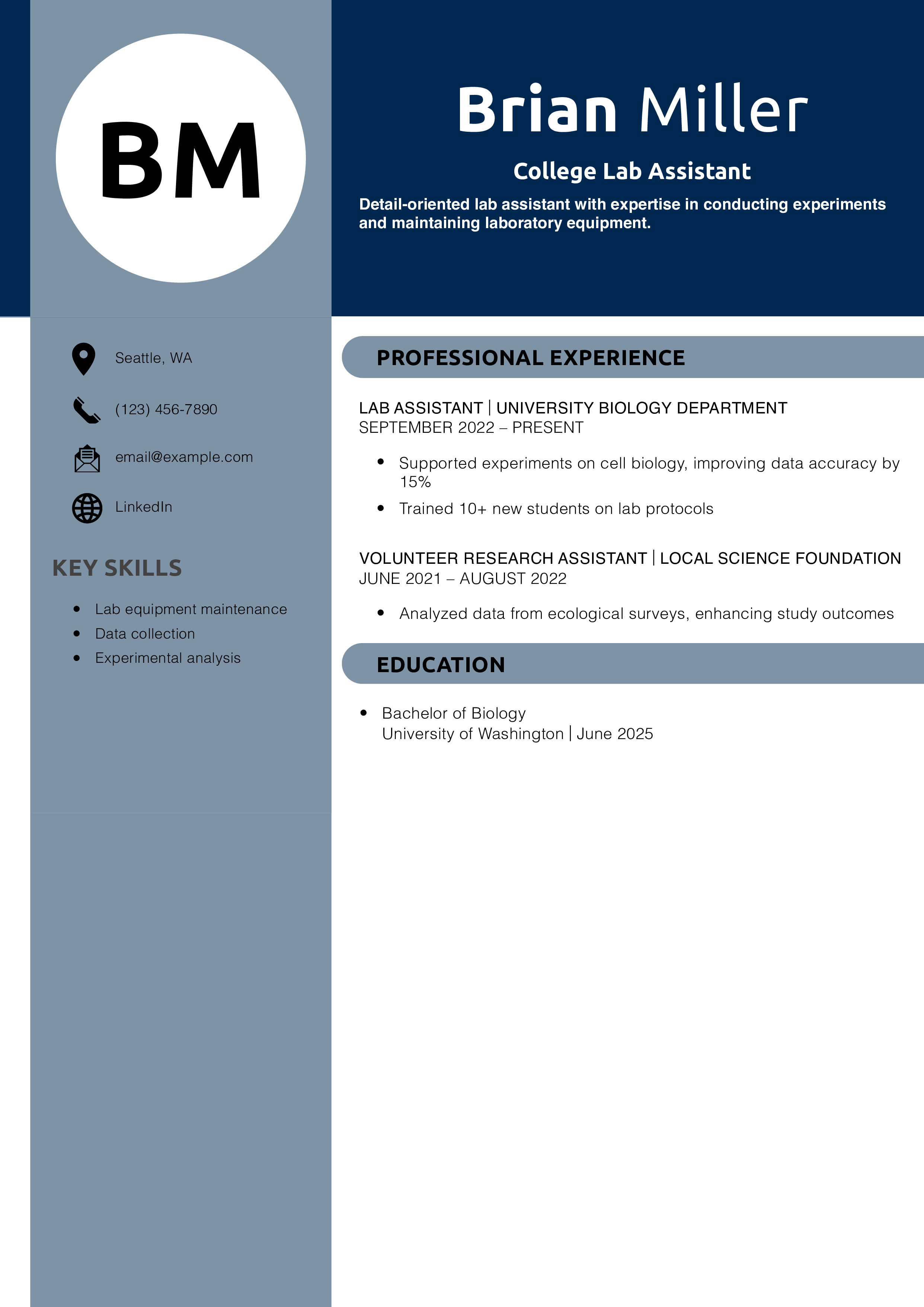 College Lab Assistant Resume Example