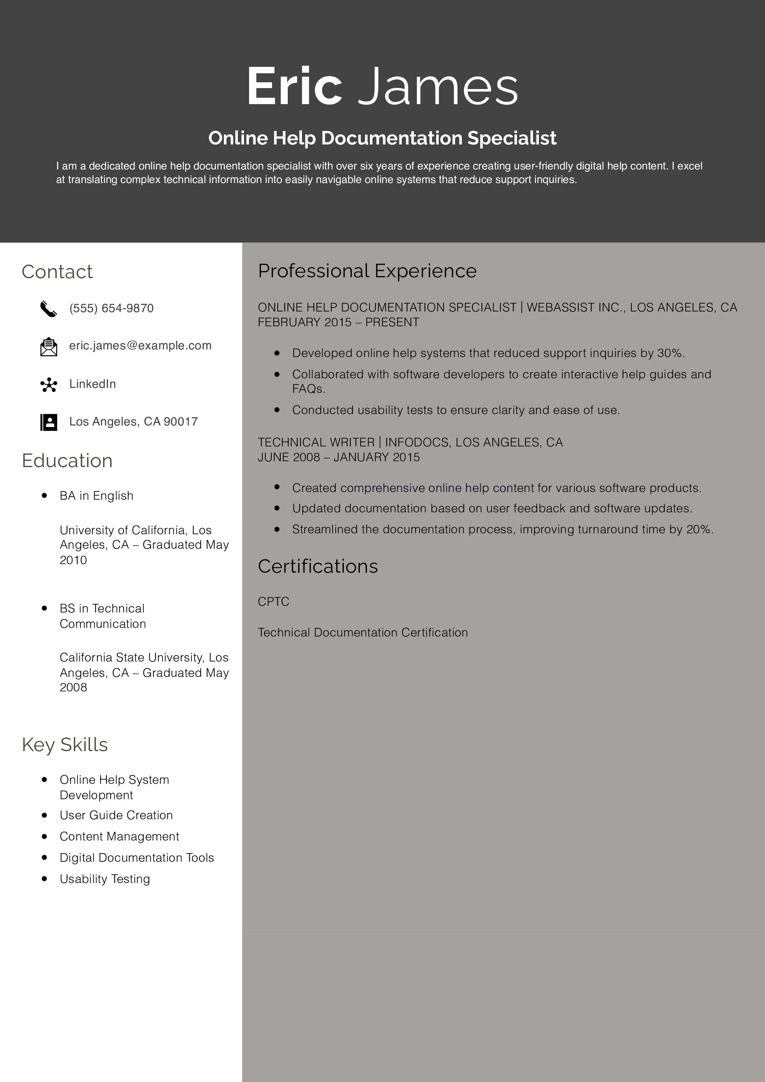 Online Help Documentation Specialist Resume Example